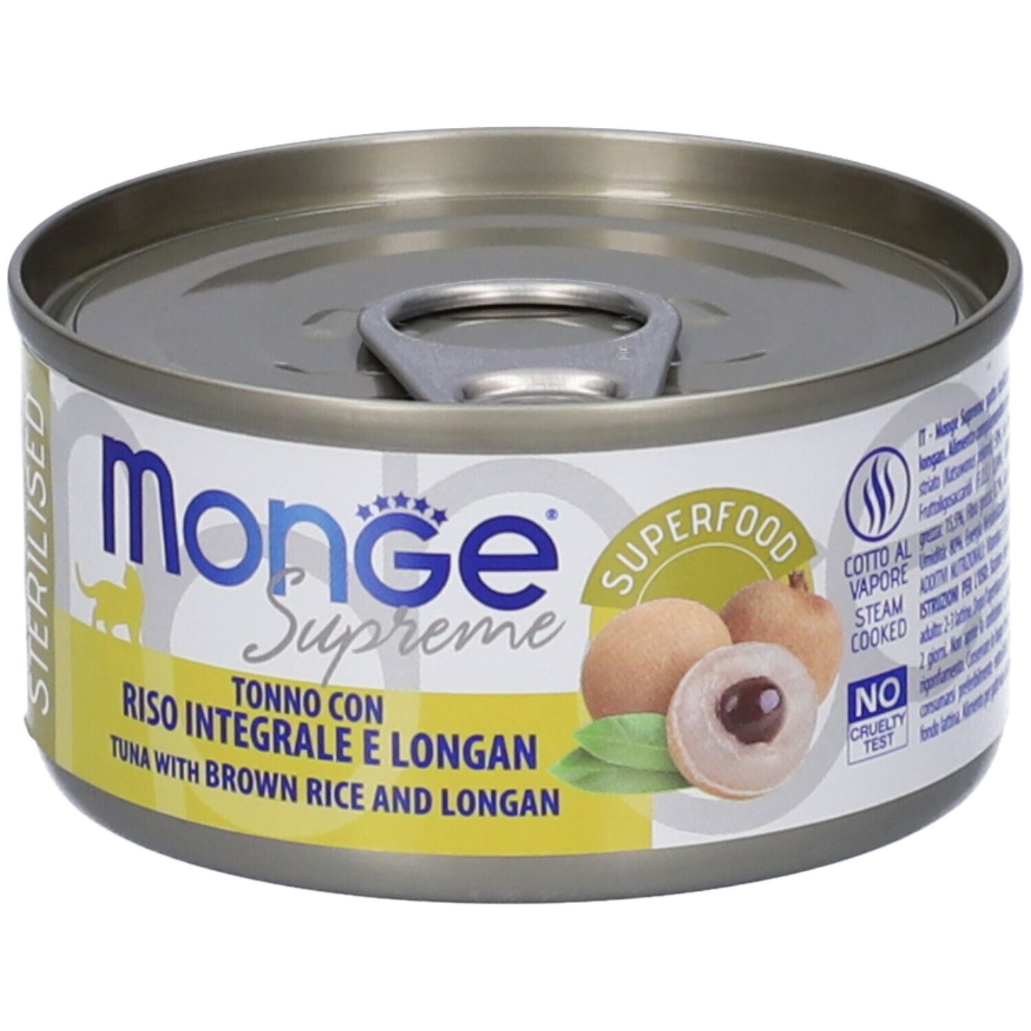 Lattina di cibo per gatti "Monge Supreme". Contiene tonno, riso integrale e longan. Con illustrazioni di longan.
