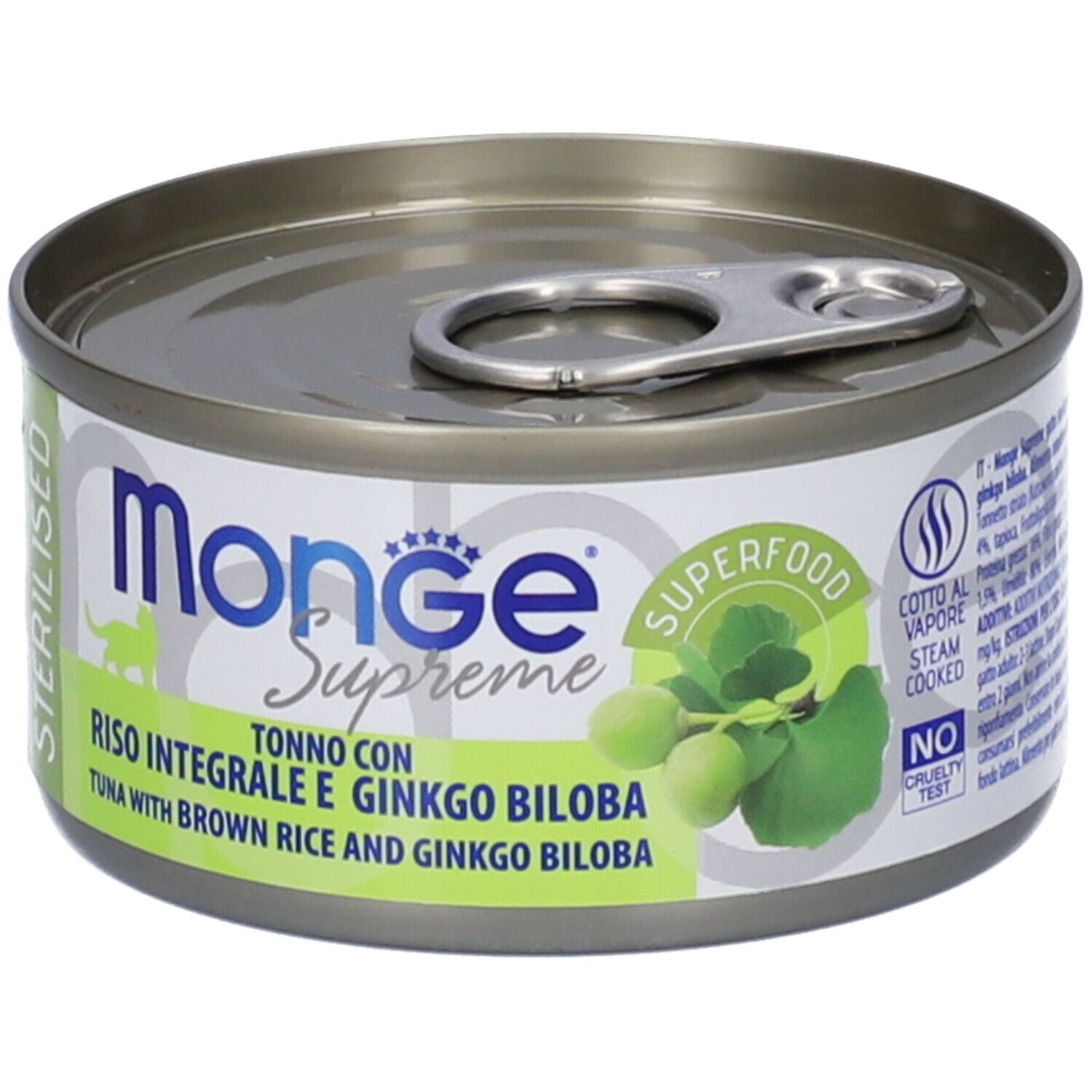 Lattina di cibo per gatti con scritta: Tonno con Riso Integrale e Ginkgo Biloba. Con simboli di cottura a vapore e no cruelty test.