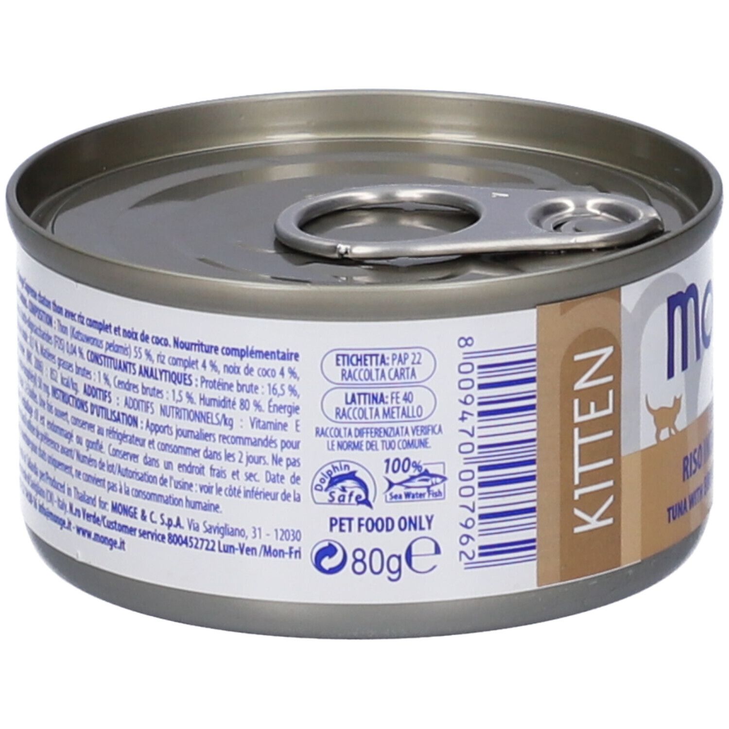 Lattina Monge Supreme Kitten. Retro con testo e codice a barre. Scritta: 80g, Pet Food Only.