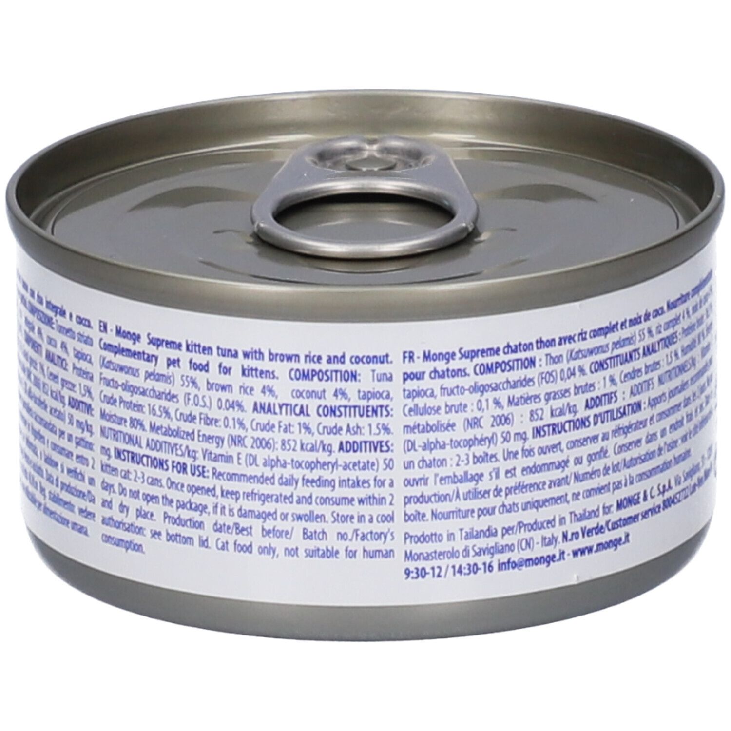 Lattina Monge Supreme Kitten. Testo sulla lattina. Ingredienti, analisi, raccomandazioni per l'alimentazione.