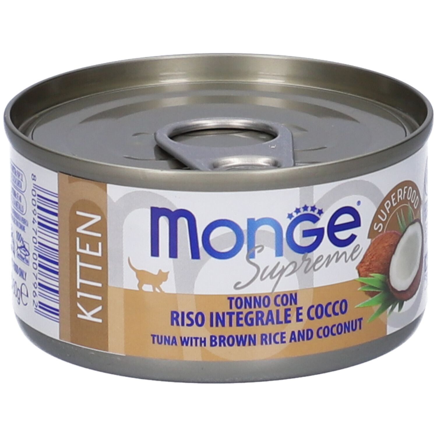 Lattina Monge Supreme Kitten. Scritta: Tonno con Riso Integrale e Cocco. Immagine di cocco.