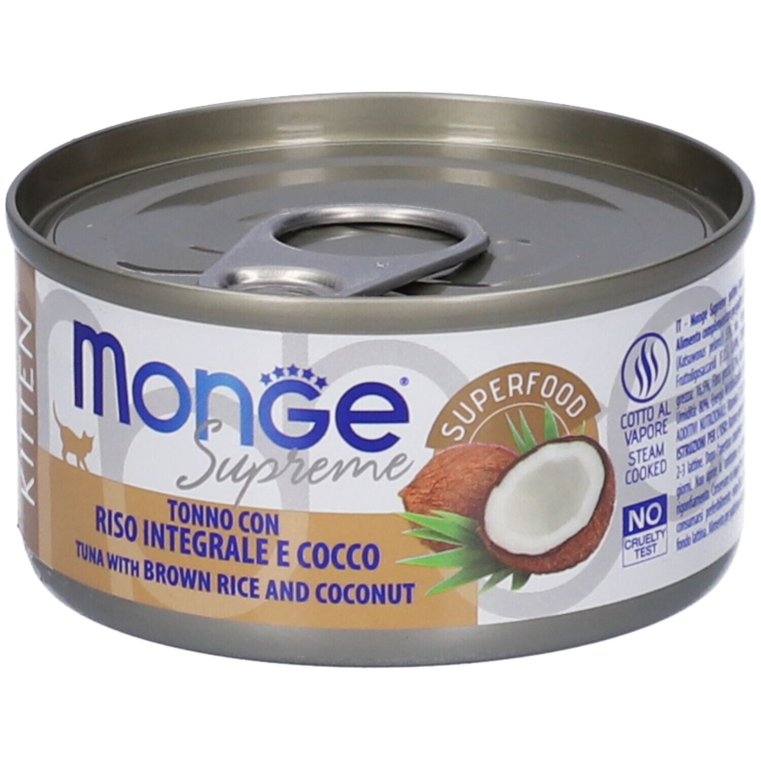 Lattina Monge Supreme Kitten. Scritta: Tonno con Riso Integrale e Cocco. Immagine di cocco.