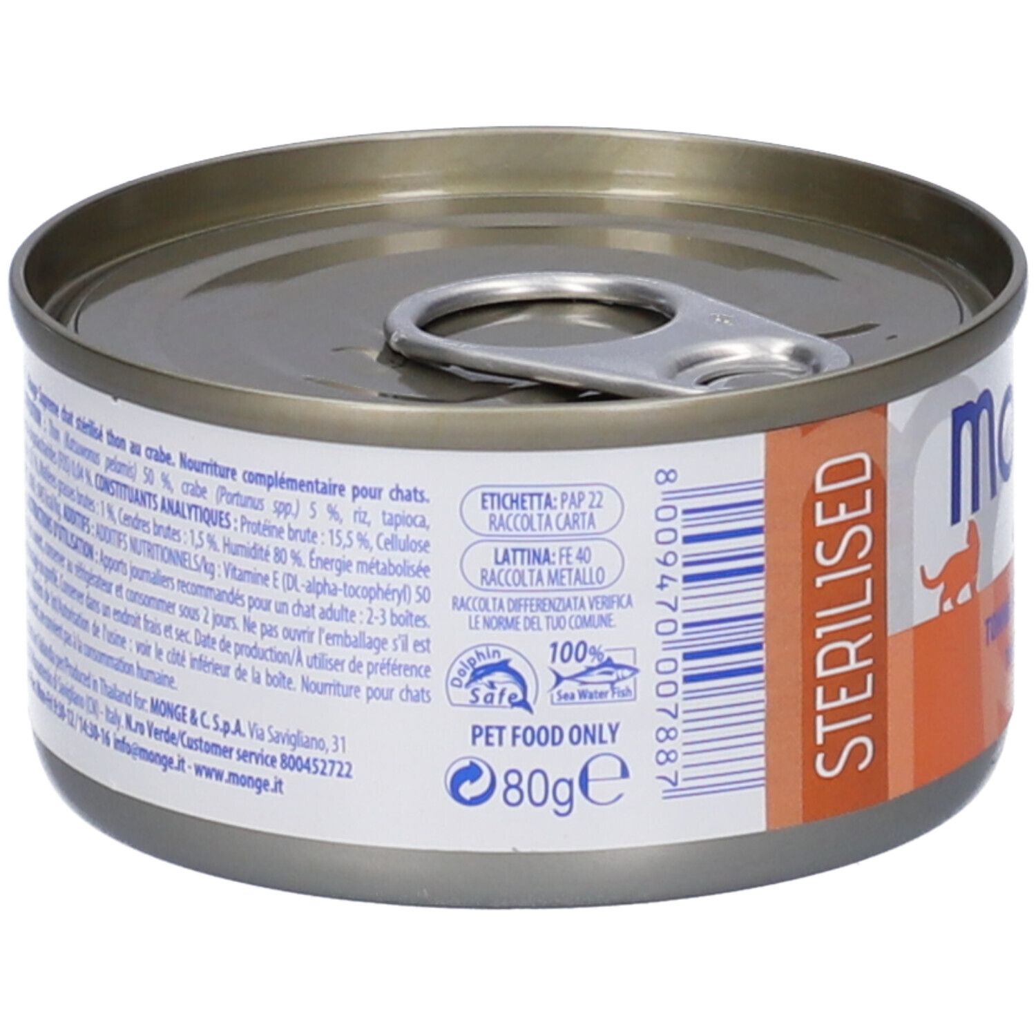 Retro della lattina Monge Supreme Sterilised. Testo multilingue, codice a barre, 80g, simbolo riciclo.