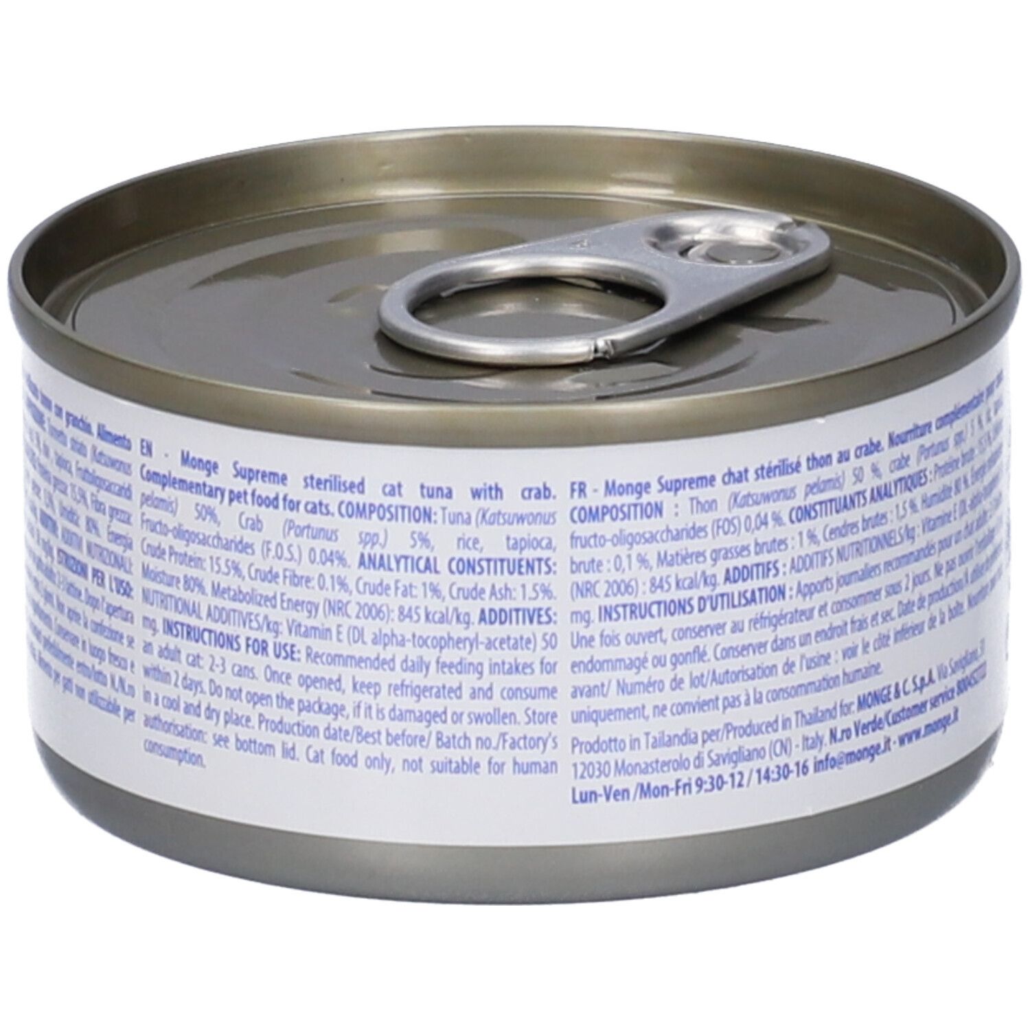 Lattina Monge Supreme Sterilised, testo multilingue. Elenco ingredienti, informazioni nutrizionali e istruzioni per l'uso.