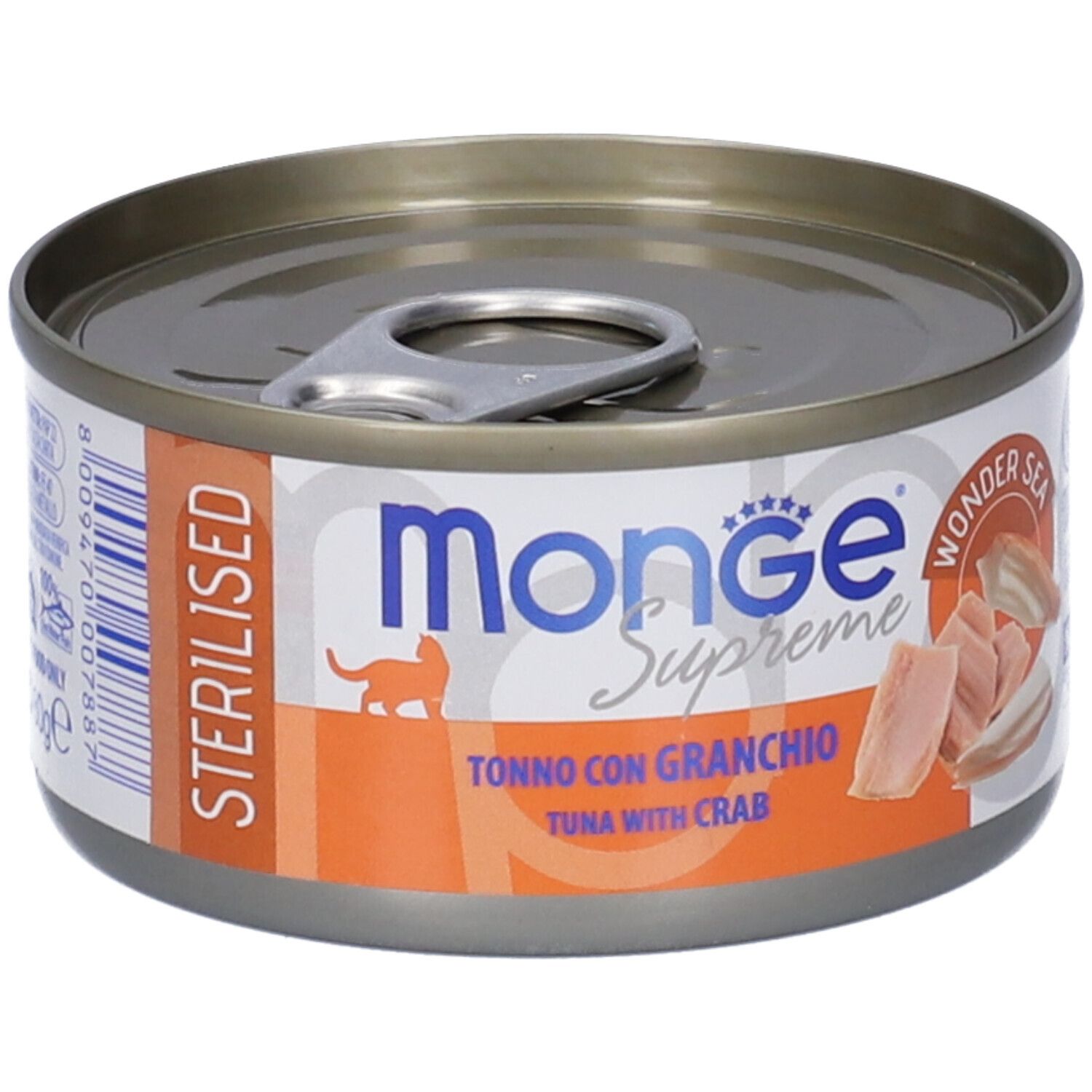 Lattina Monge Supreme Sterilised. Tonno con Granchio. Stampa arancione, lattina argentata con linguetta. Silhouette gatto.