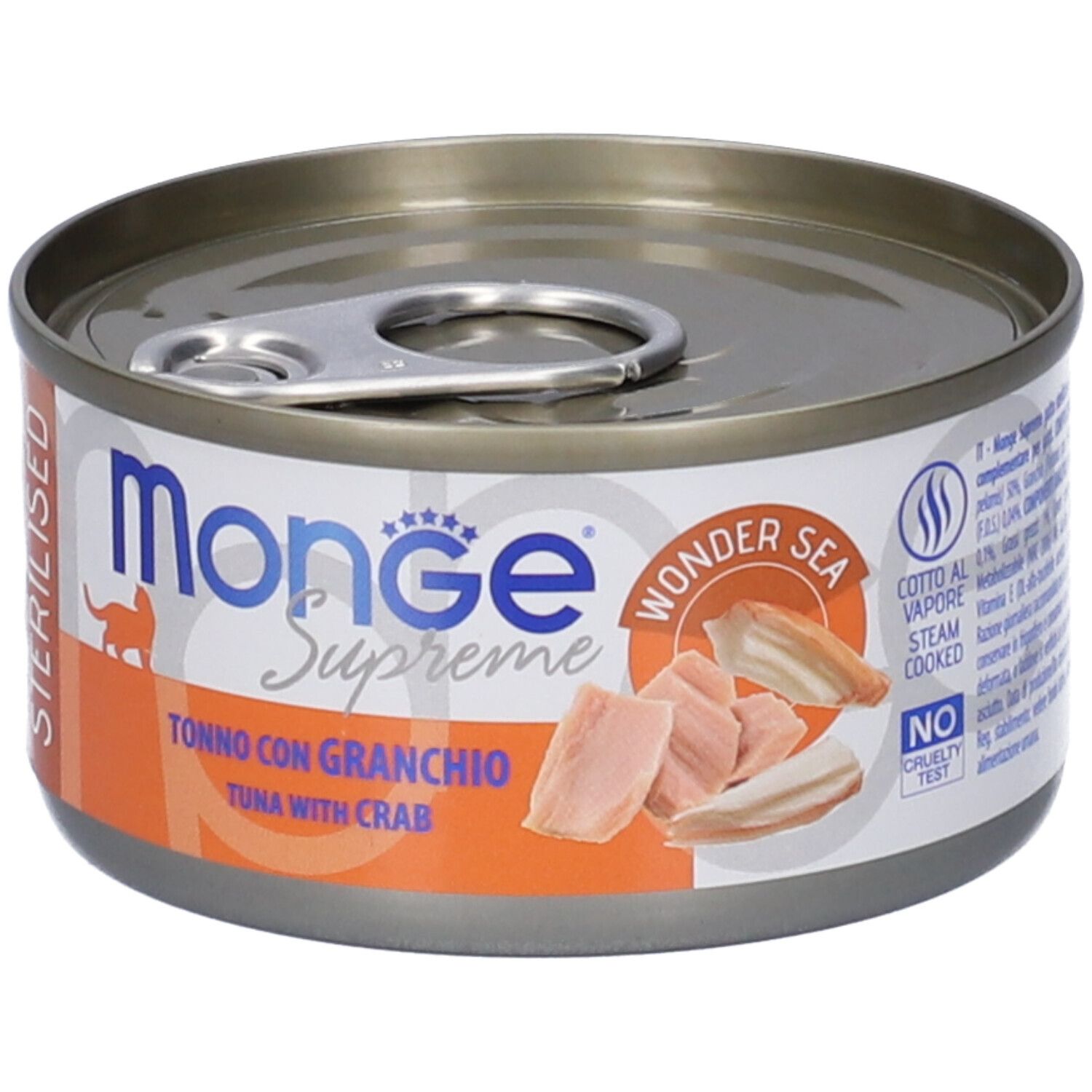 Lattina Monge Supreme Sterilised. Tonno con Granchio. Cotto a vapore, senza crudeltà. Stampa arancione.