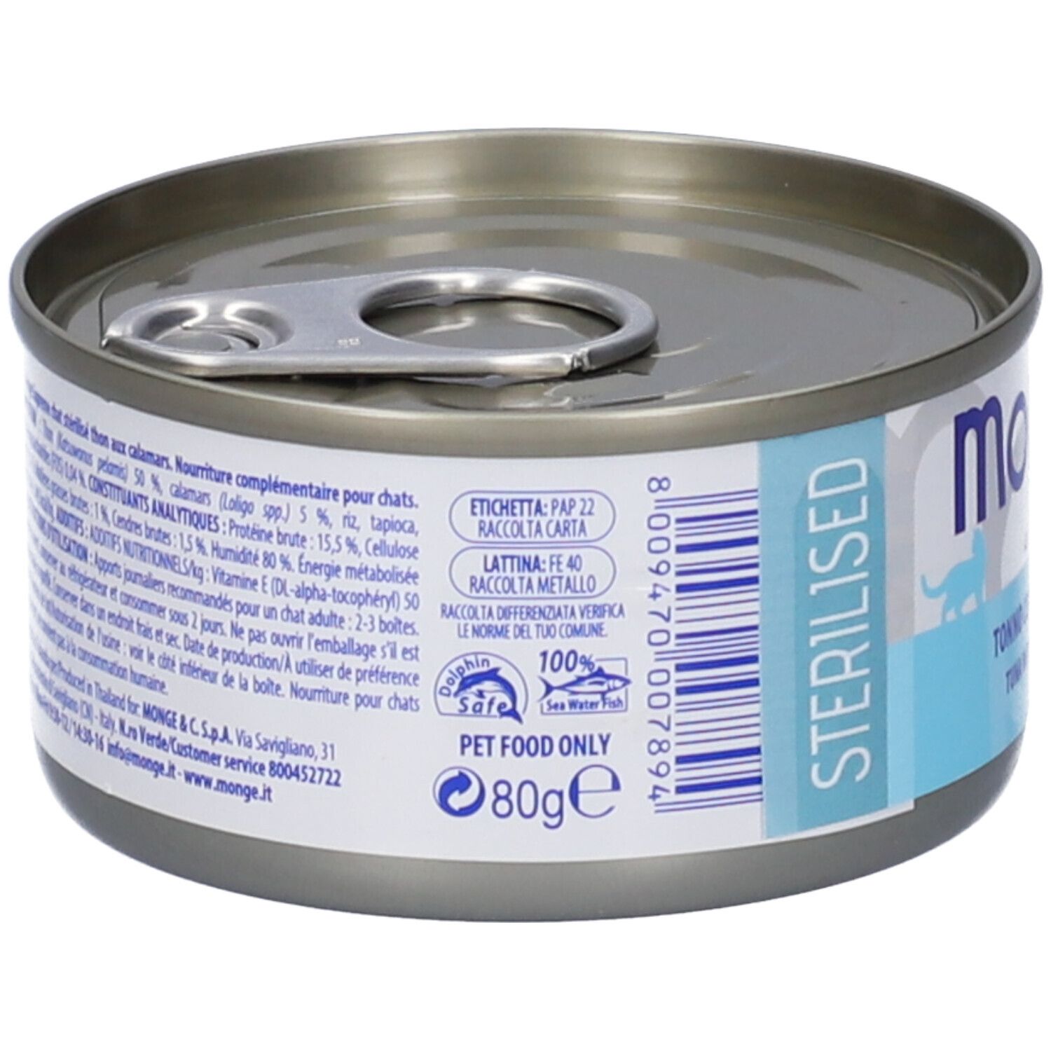 Retro della lattina. Testo: Sterilizzato, codice a barre, 80g, Pet Food Only. Informazioni sull'etichetta. Dolphin Safe e Sea Water Fish.