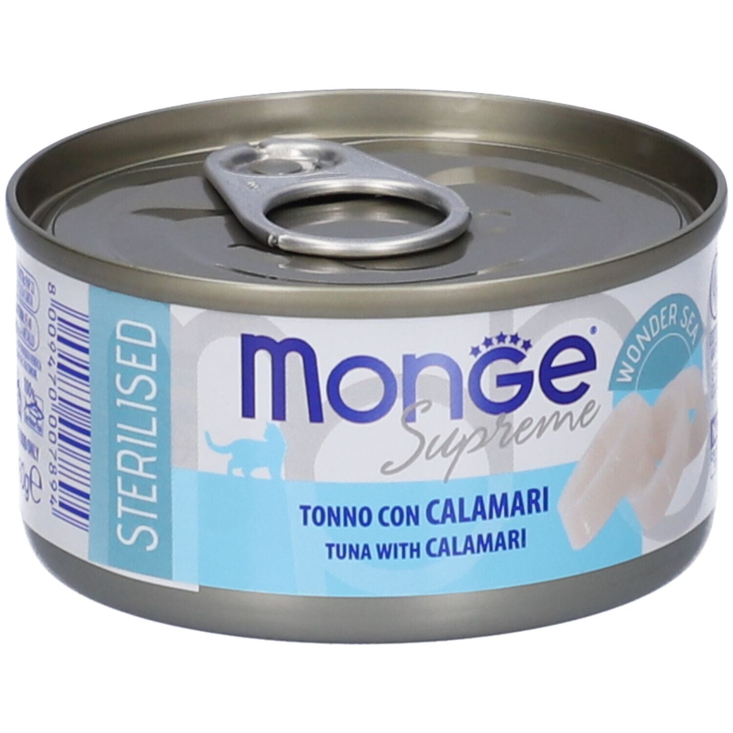 Lattina rotonda con coperchio. Scritta: Monge Supreme, Tonno con Calamari. Etichette blu e bianche. Sterilizzato.