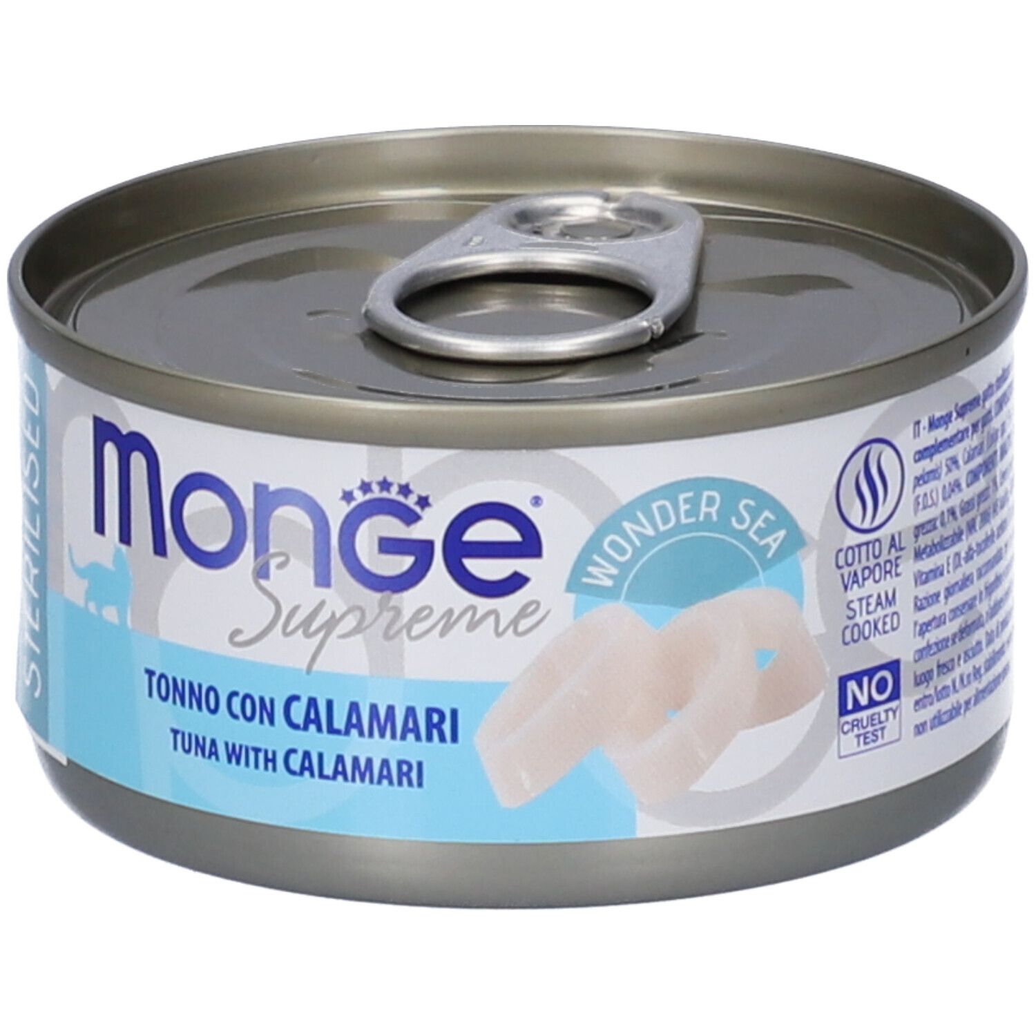 Lattina rotonda con coperchio. Scritta: Monge Supreme, Tonno con Calamari. Etichette blu e bianche. Sterilizzato. Wonder Sea.