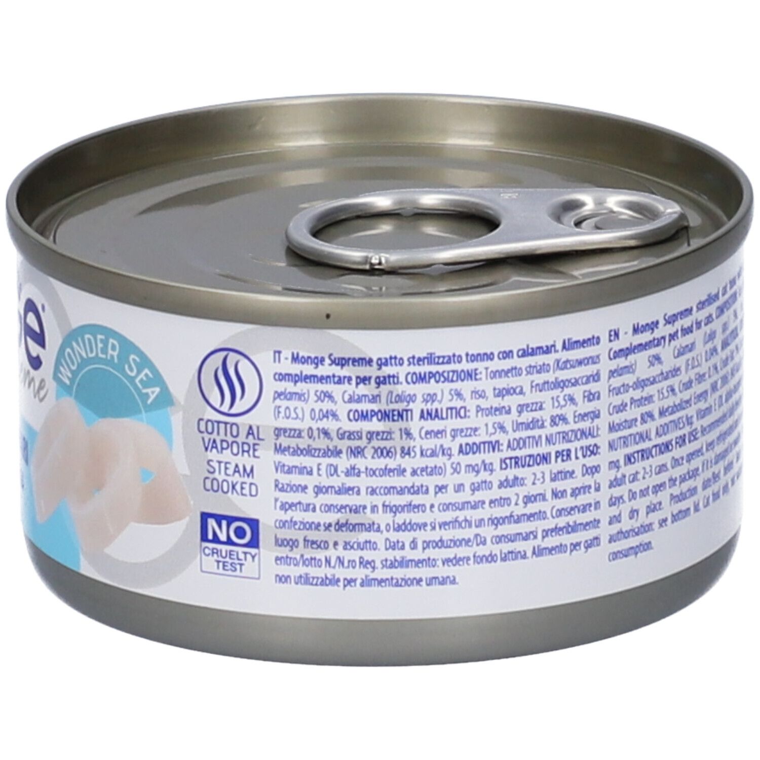 Lattina con testo. Scritta: Cotto al vapore, Steam cooked, No cruelty test. Testo multilingue.