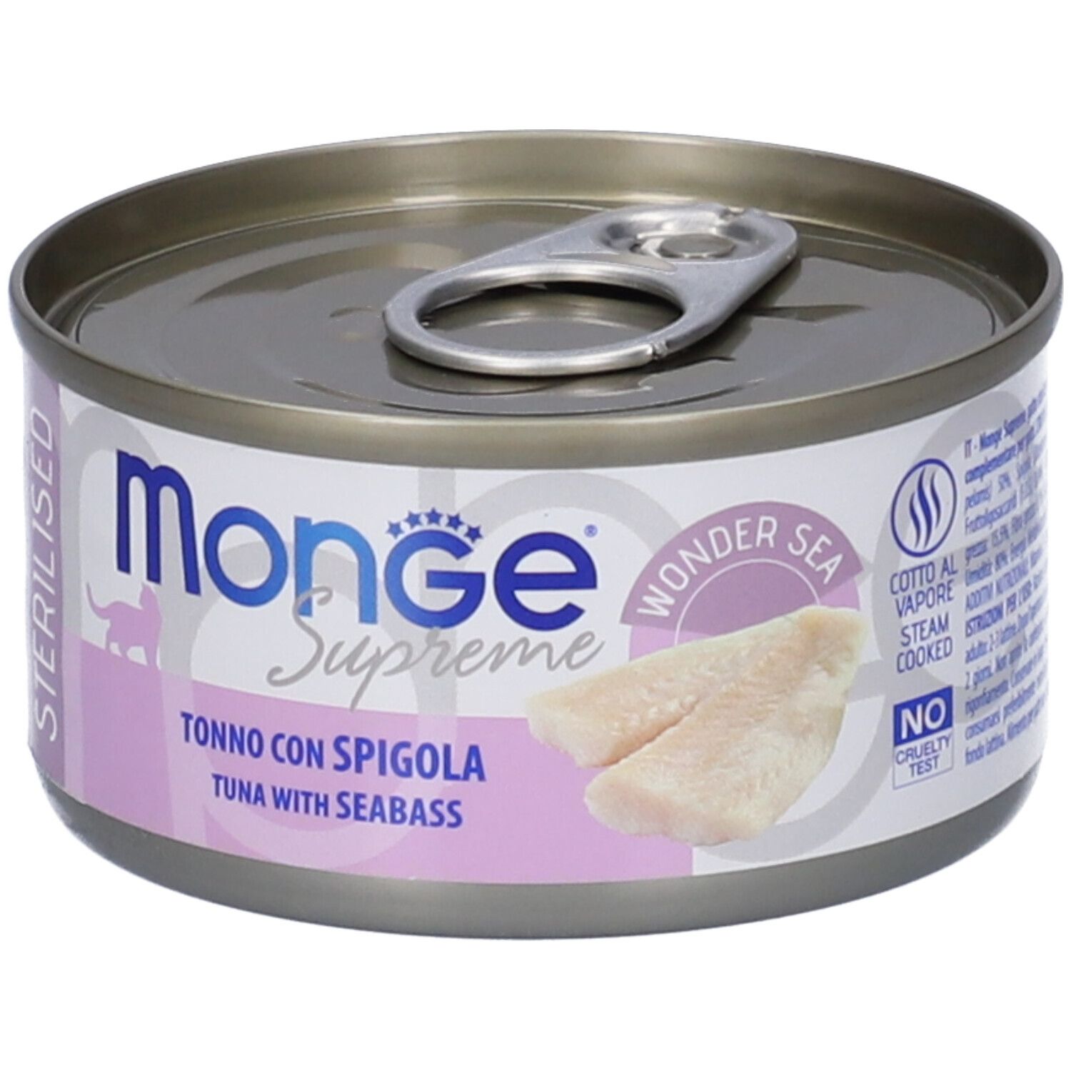 Lattina di cibo per gatti "Monge Supreme". Contiene tonno e spigola. Tonalità rosa e bianche.