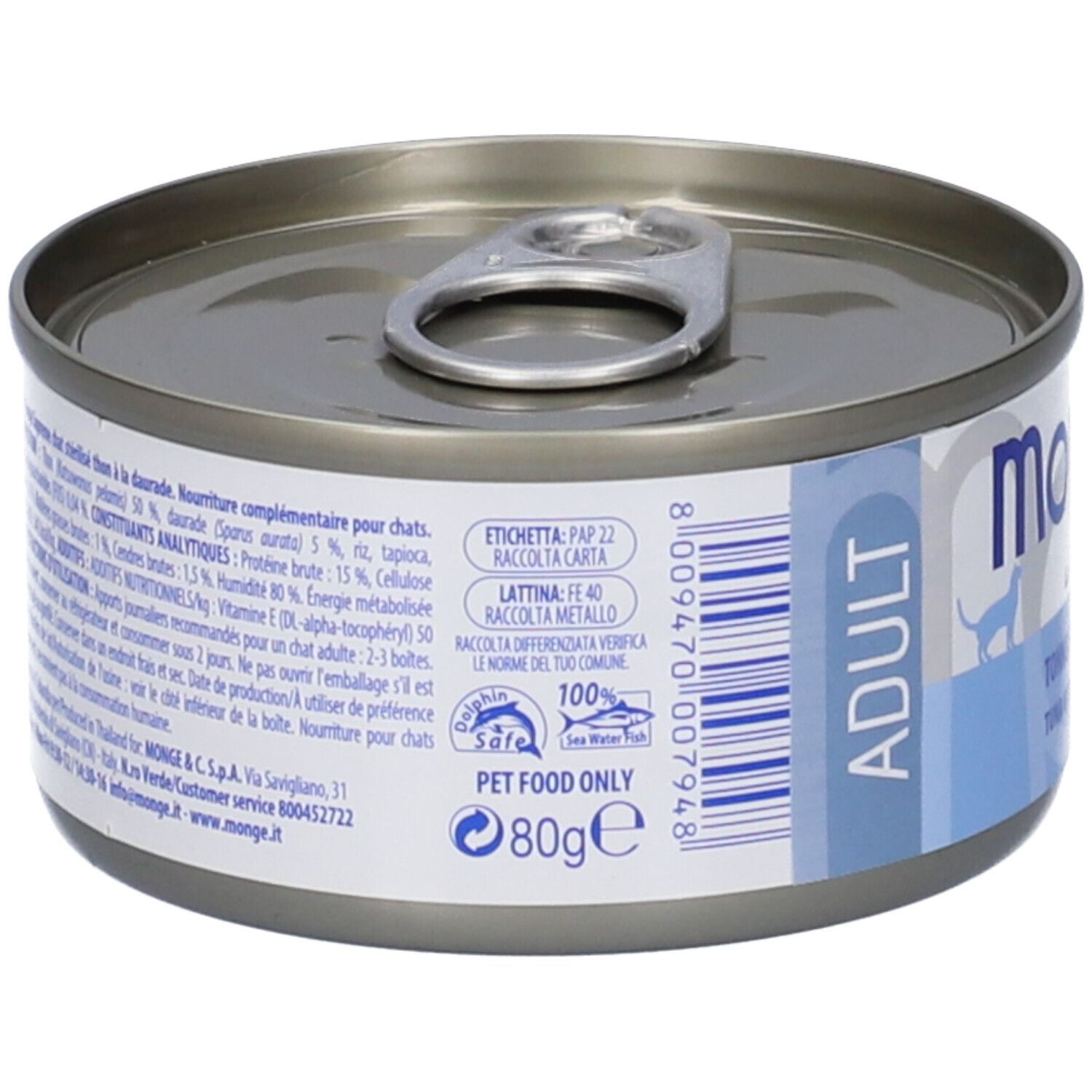 Lattina "Monge Supreme" cibo per gatti. Retro con testo e codice a barre. "Pet Food Only" e "80g" visibili.