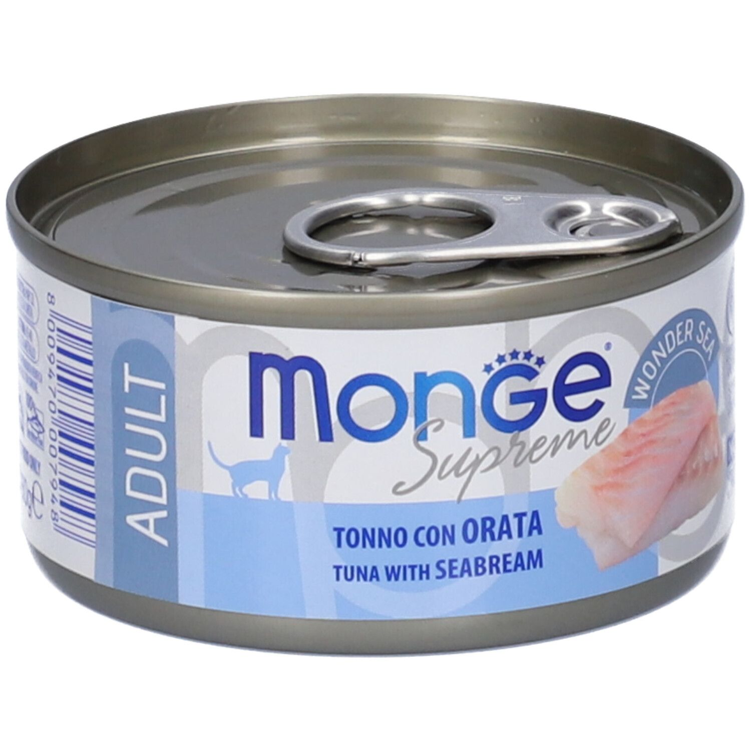 Lattina "Monge Supreme" cibo per gatti. Scritta "Tonno con Orata". Pezzo di pesce visibile. "Wonder Sea" e logo.