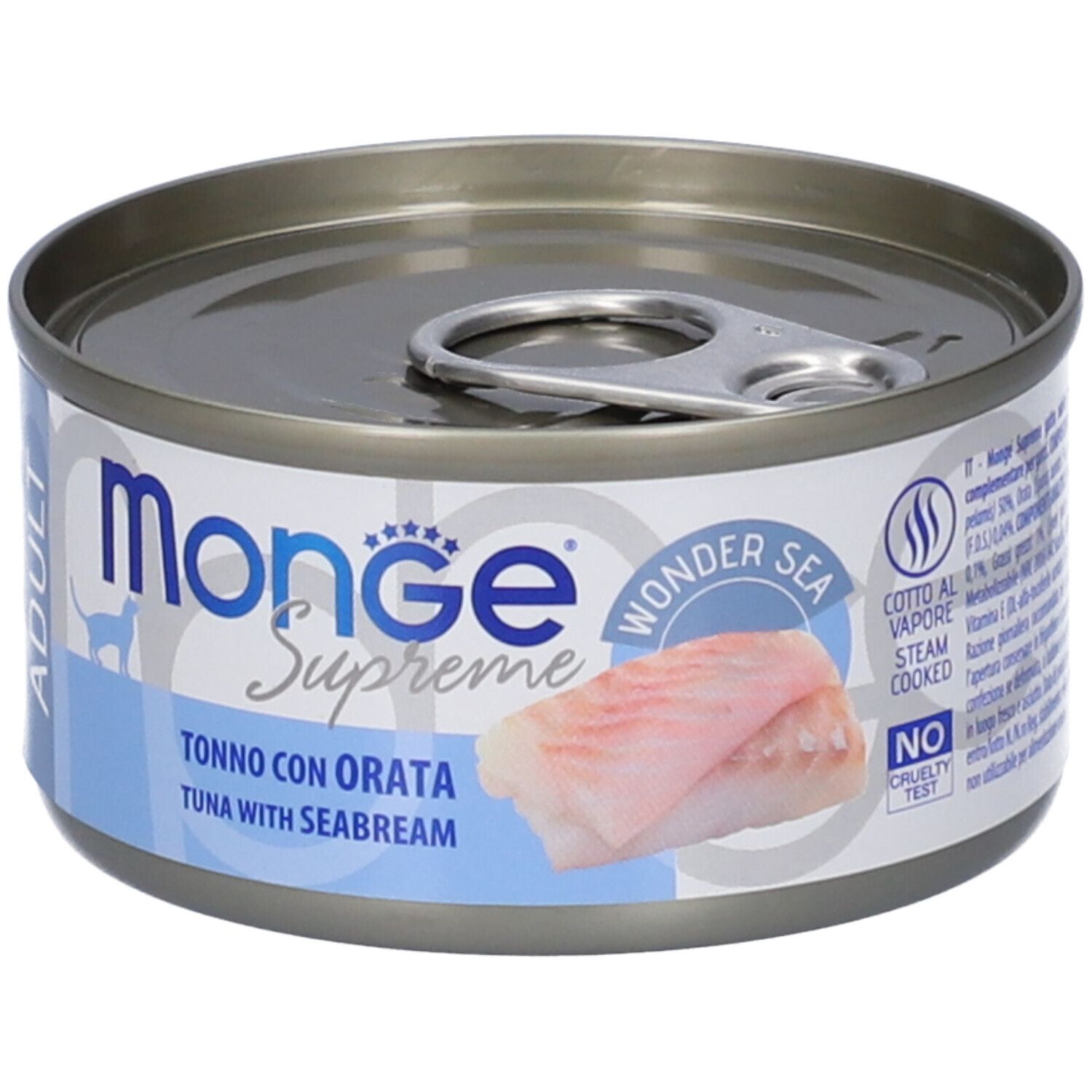 Lattina "Monge Supreme" cibo per gatti. Scritta "Tonno con Orata". Pezzo di pesce visibile. "Wonder Sea" e "Cruelty Test".