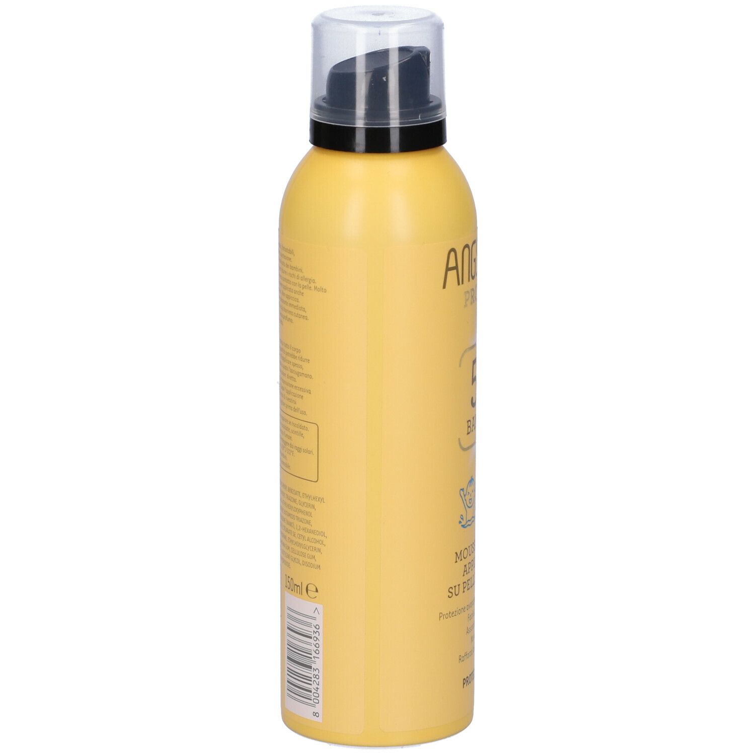 Flacone giallo con erogatore nero. Scritta: Angstrom Protect 50 Bambini. Mousse Solare. Protezione solare 50.