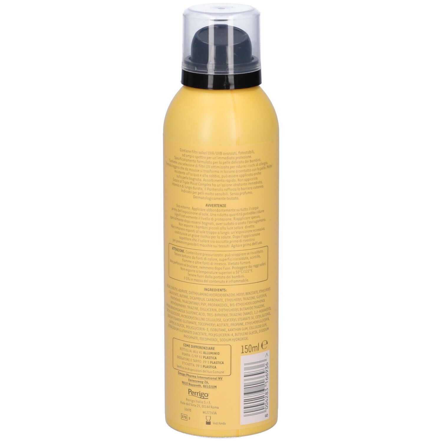 Flacone giallo con erogatore nero. Scritta: Angstrom Protect 50 Bambini. Mousse Solare. Protezione solare 50.