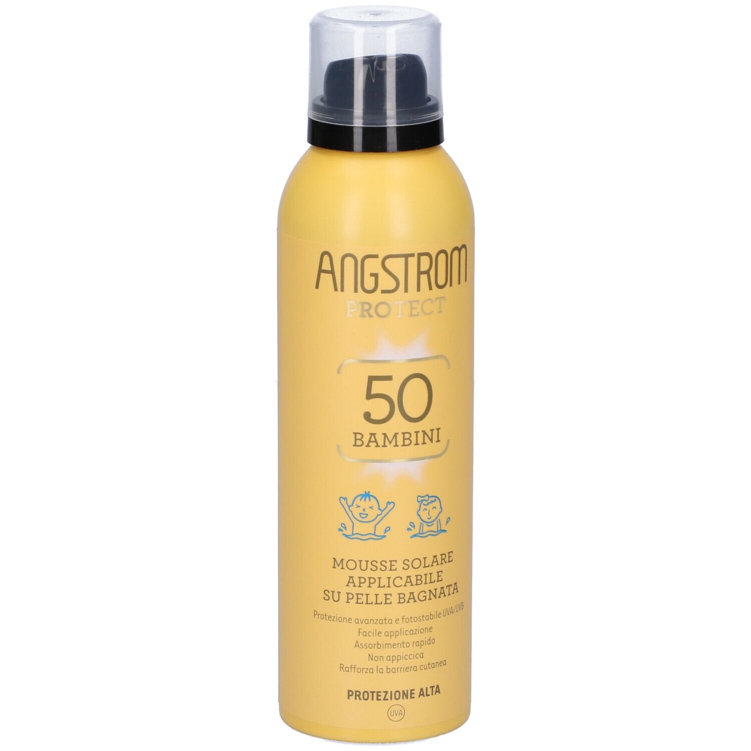 Flacone giallo con erogatore nero. Scritta: Angstrom Protect 50 Bambini. Mousse Solare. Protezione solare 50.