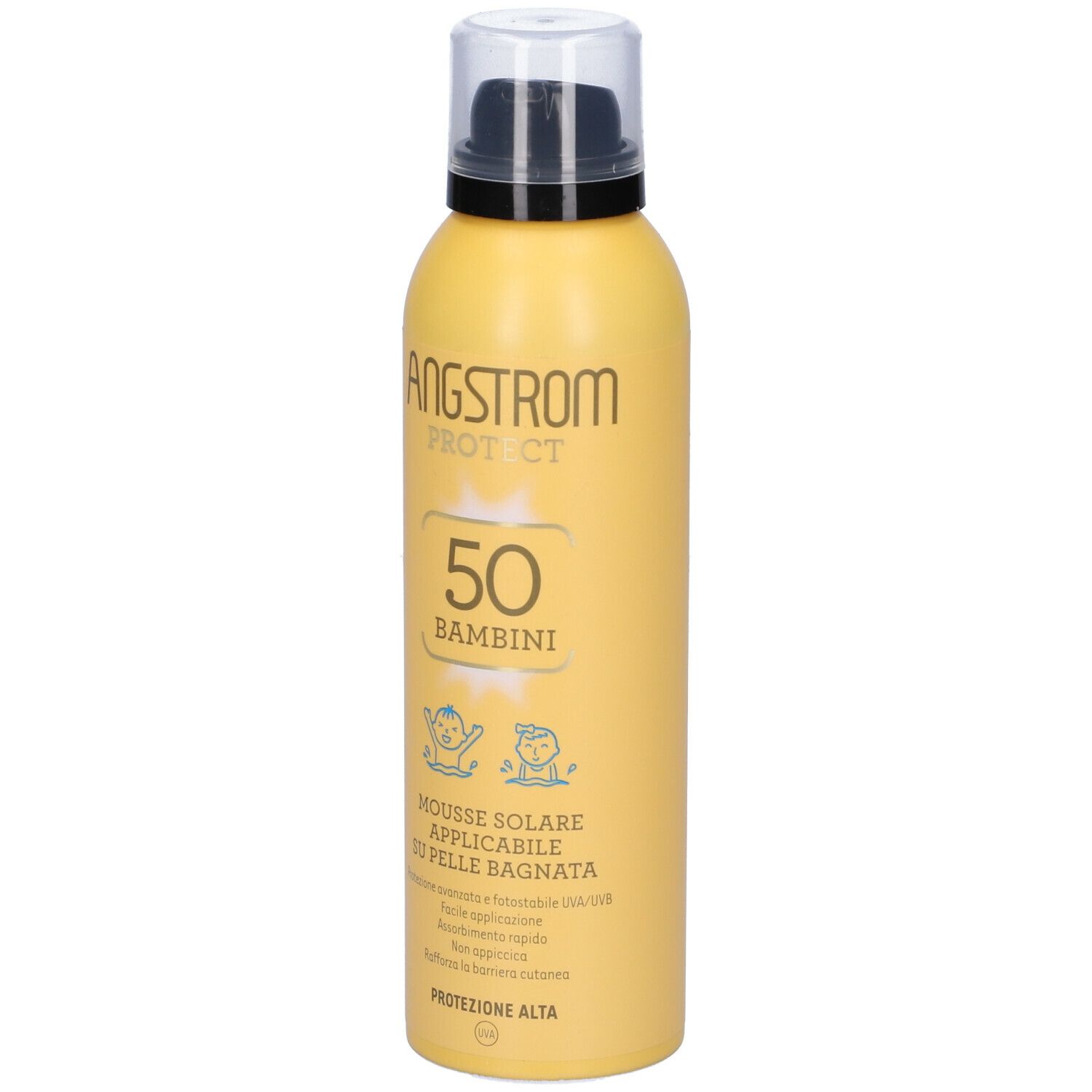 Flacone giallo con erogatore nero. Scritta: Angstrom Protect 50 Bambini. Mousse Solare. Protezione solare 50.