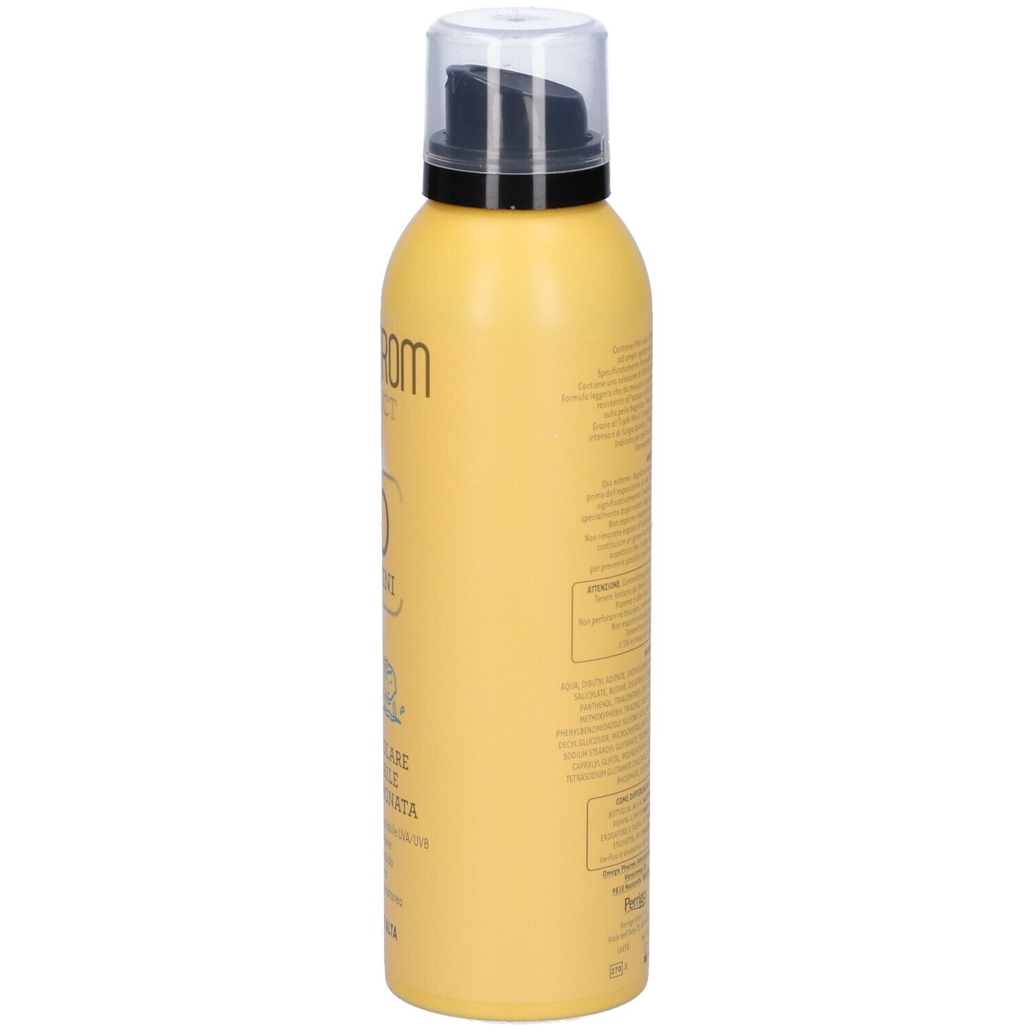 Flacone giallo con erogatore nero. Scritta: Angstrom Protect 50 Bambini. Mousse Solare. Protezione solare 50.