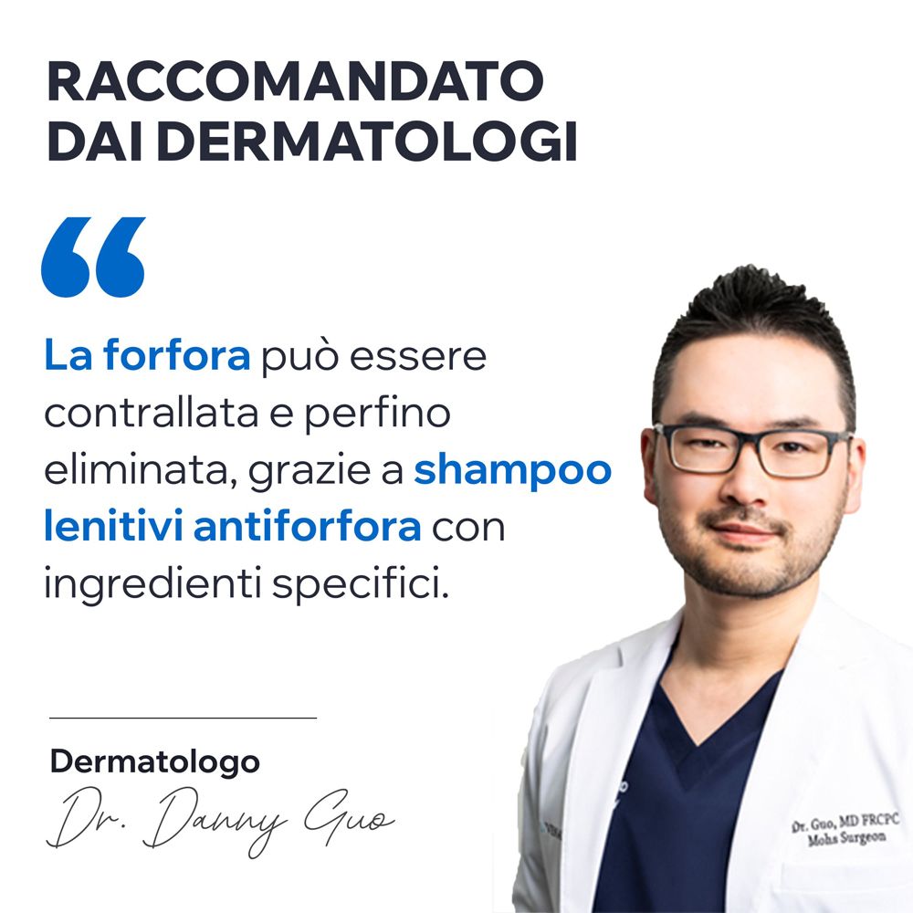 Medico con testo: La forfora può essere controllata ed eliminata. Raccomanda shampoo antiforfora.