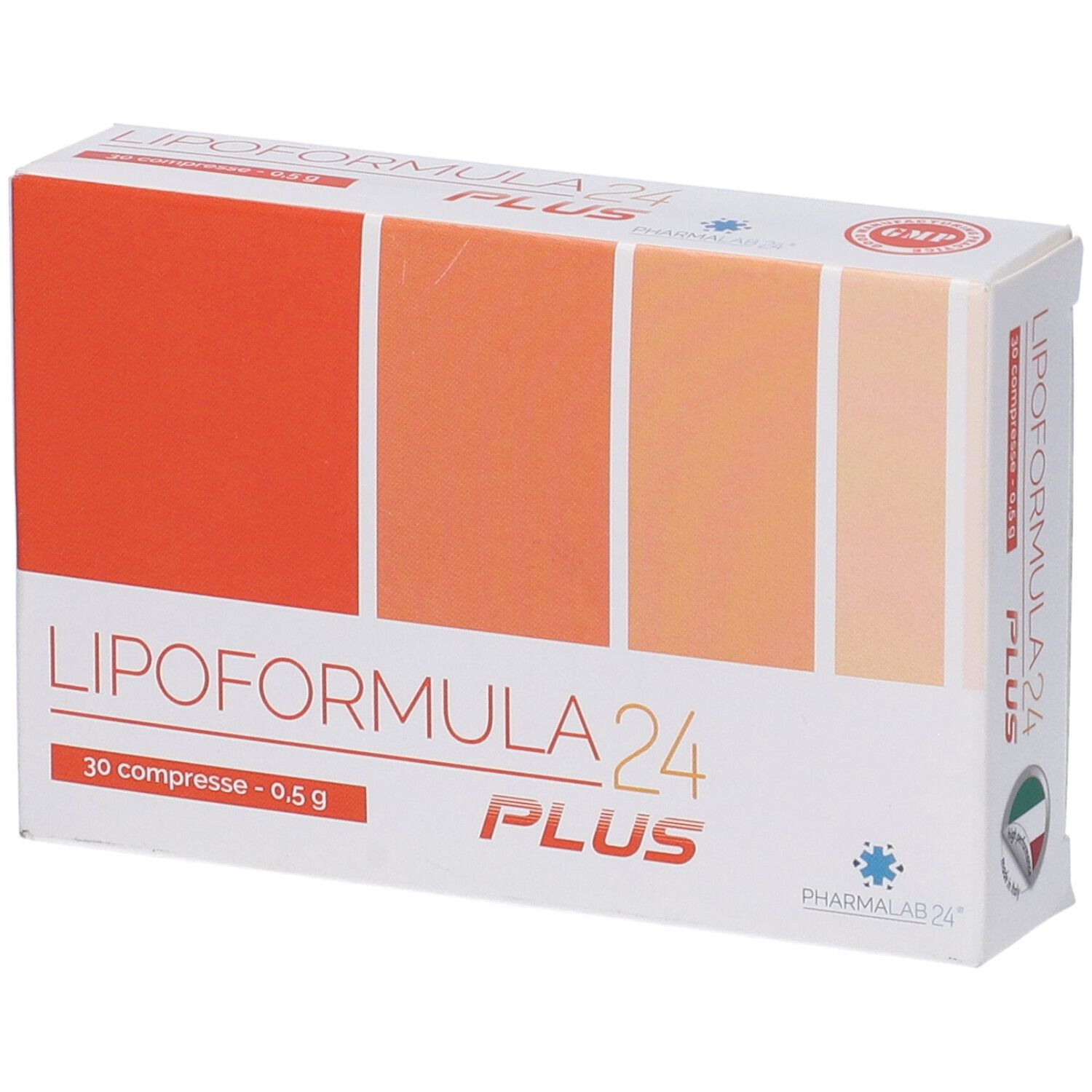 Confezione di Lipoformula24 Plus. Scatola bianca con riquadri arancioni e nome del prodotto. Certificazione GMP.