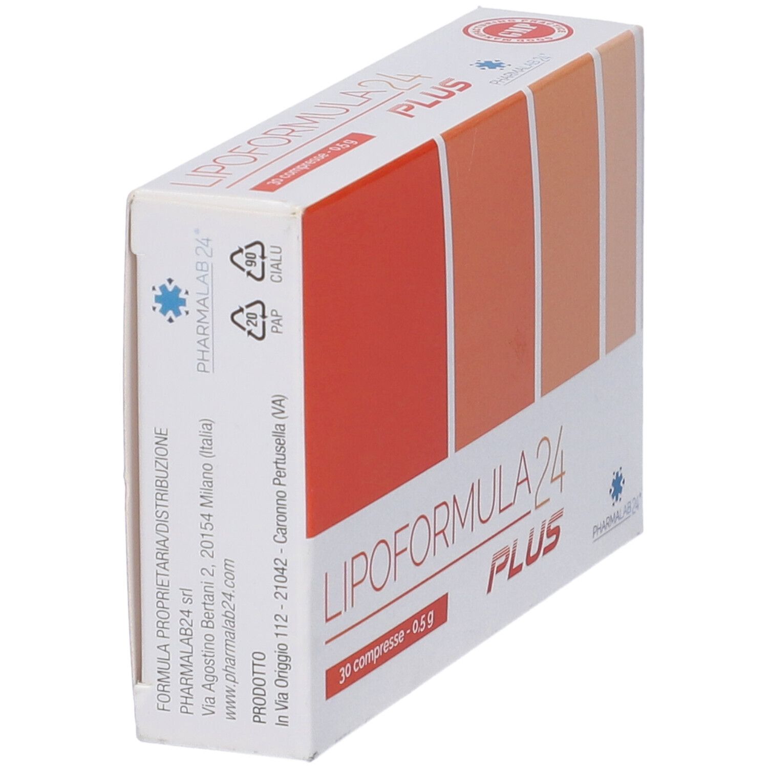 Confezione di Lipoformula24 Plus. Scatola bianca con riquadri arancioni e nome del prodotto. Certificazione GMP.