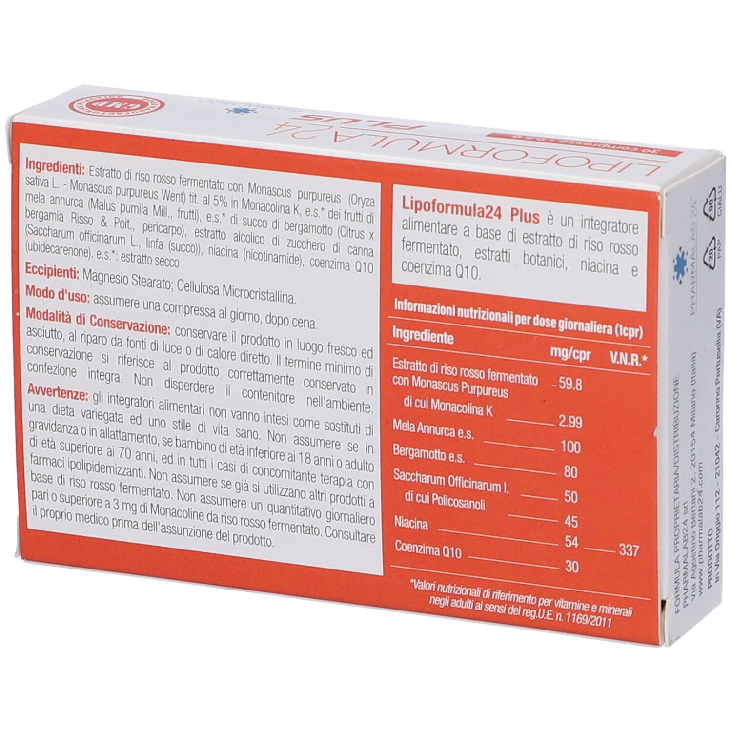 Retro della confezione di Lipoformula24 Plus. Contiene ingredienti, istruzioni per l'uso e informazioni nutrizionali.