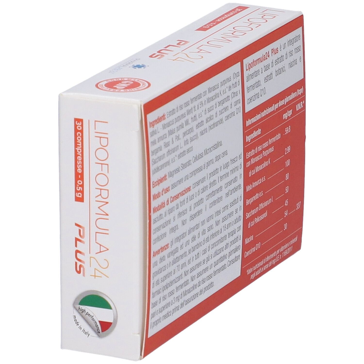 Confezione di Lipoformula24 Plus. Scatola bianca con riquadri arancioni e nome del prodotto. Certificazione GMP.