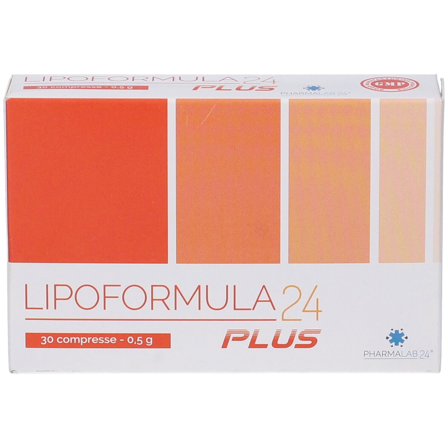 Confezione di Lipoformula24 Plus. Scatola bianca con riquadri arancioni e nome del prodotto. Certificazione GMP.