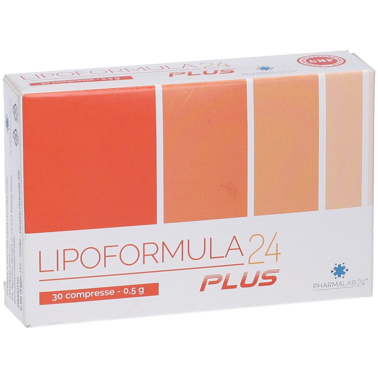 Confezione di Lipoformula24 Plus. Scatola bianca con riquadri arancioni e nome del prodotto. Certificazione GMP.