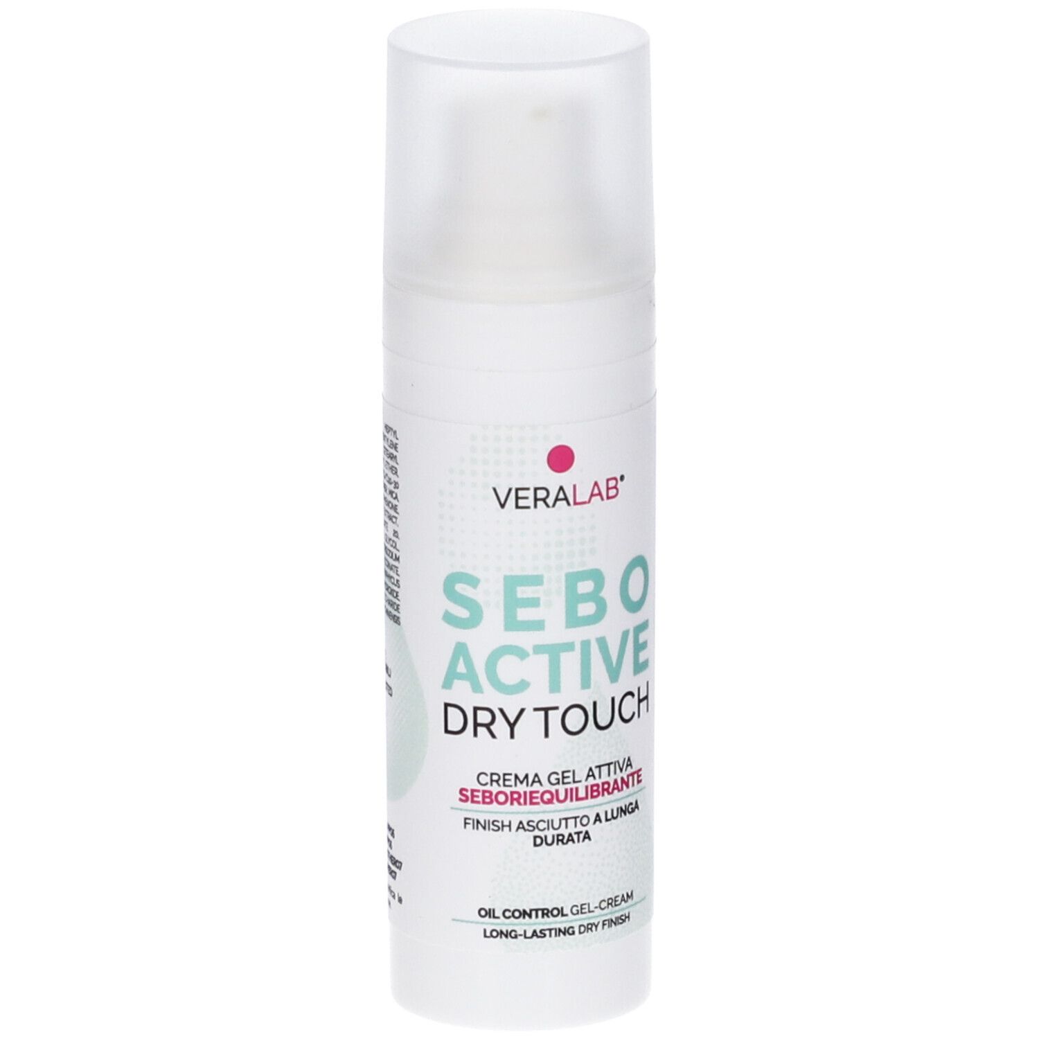 Flacone bianco con dosatore a pompa. Scritta: Veralab, Sebo Active Dry Touch. Testo in italiano e inglese.