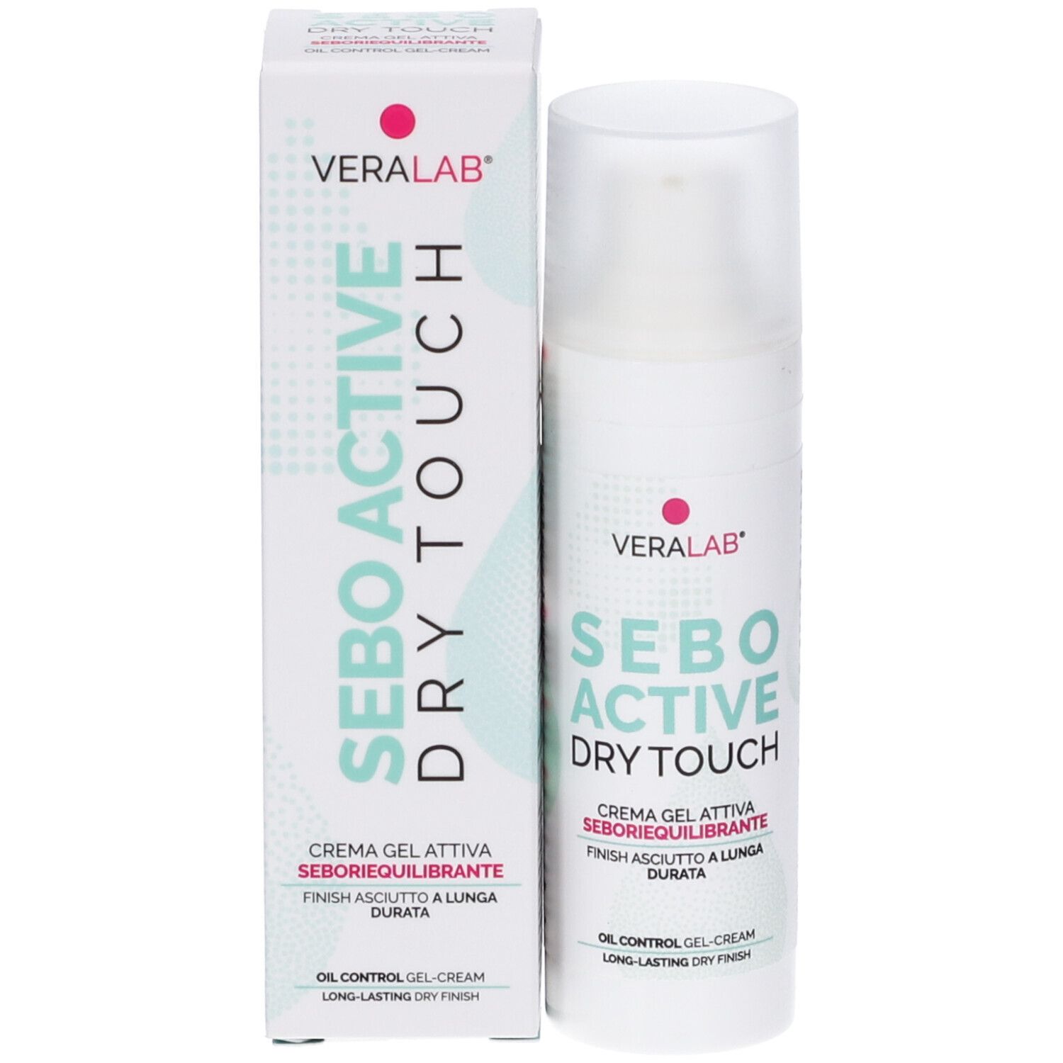 Confezione e flacone del prodotto. Scritta: Veralab, Sebo Active Dry Touch. Testo in italiano e inglese.