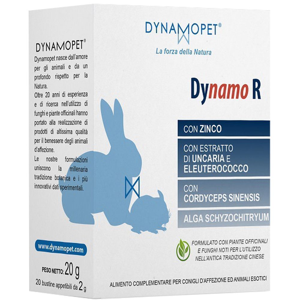 Confezione di Dynamo R. Contiene zinco, estratto di Uncaria, Eleuterococco, Cordyceps Sinensis e Alga Schyzochytrium. 20 bustine.