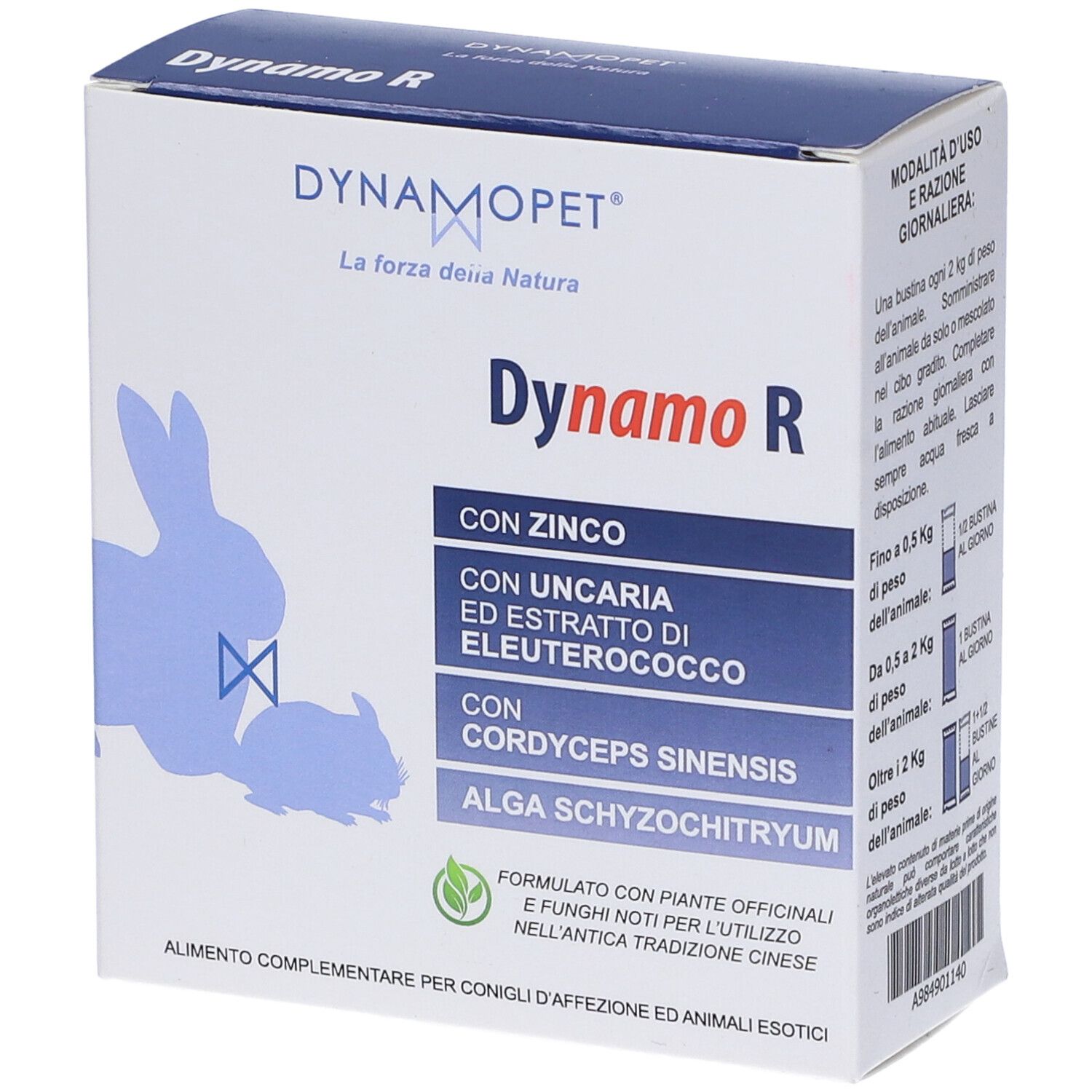 Confezione Dynamo R. Contiene zinco, estratto di Uncaria, Eleuterococco, Cordyceps Sinensis e Alga Schyzochytrium. Istruzioni per il dosaggio.