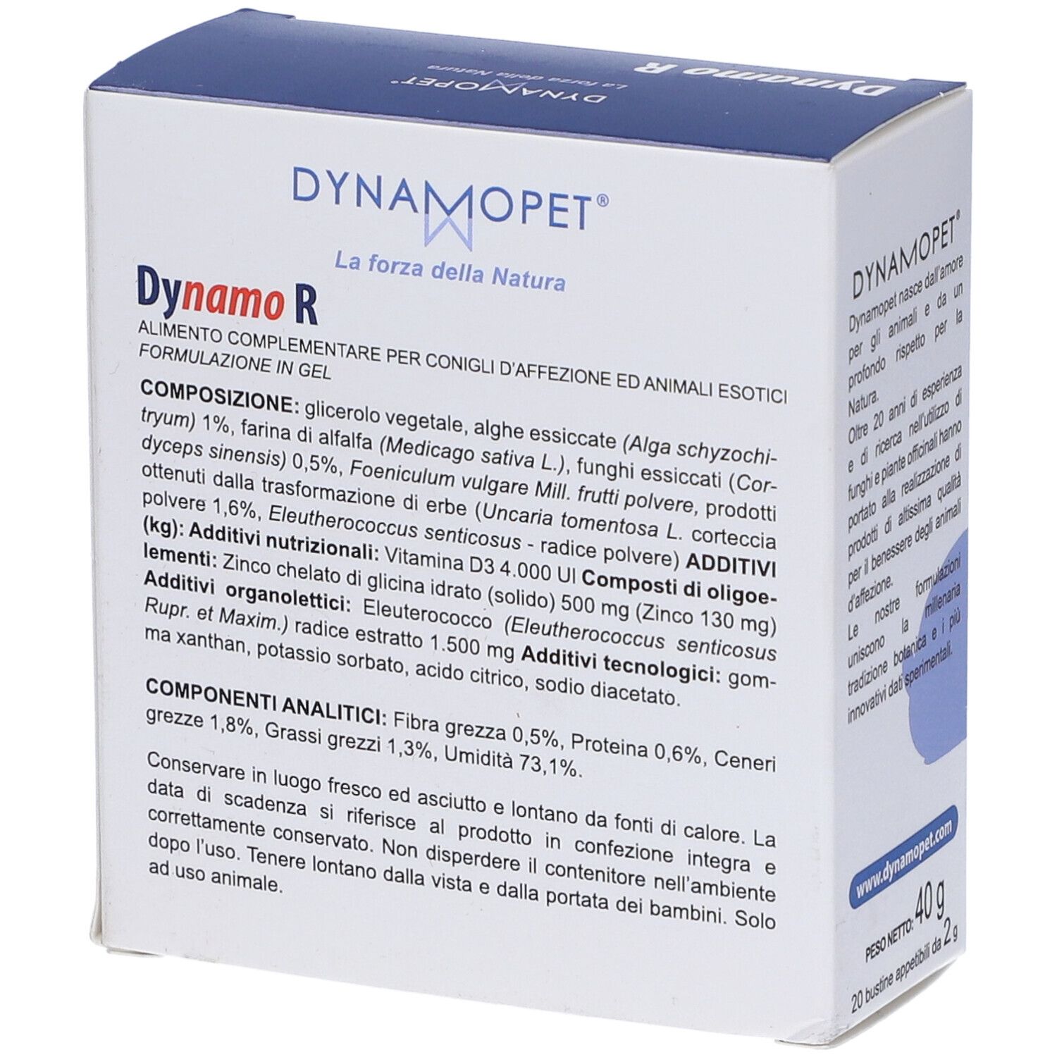 Confezione Dynamo R. Contiene ingredienti come glicerina, alghe, erba medica, Cordyceps Sinensis. Componenti analitici: 0,5% fibra grezza.