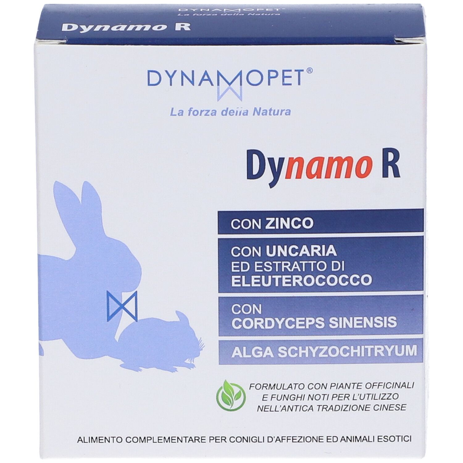 Confezione Dynamo R. Contiene zinco, estratto di Uncaria, Eleuterococco, Cordyceps Sinensis e Alga Schyzochytrium. Per conigli.