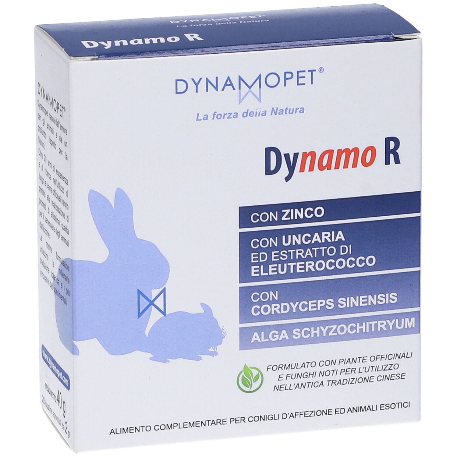 Confezione Dynamo R. Contiene zinco, estratto di Uncaria, Eleuterococco, Cordyceps Sinensis e Alga Schyzochytrium. Per conigli.