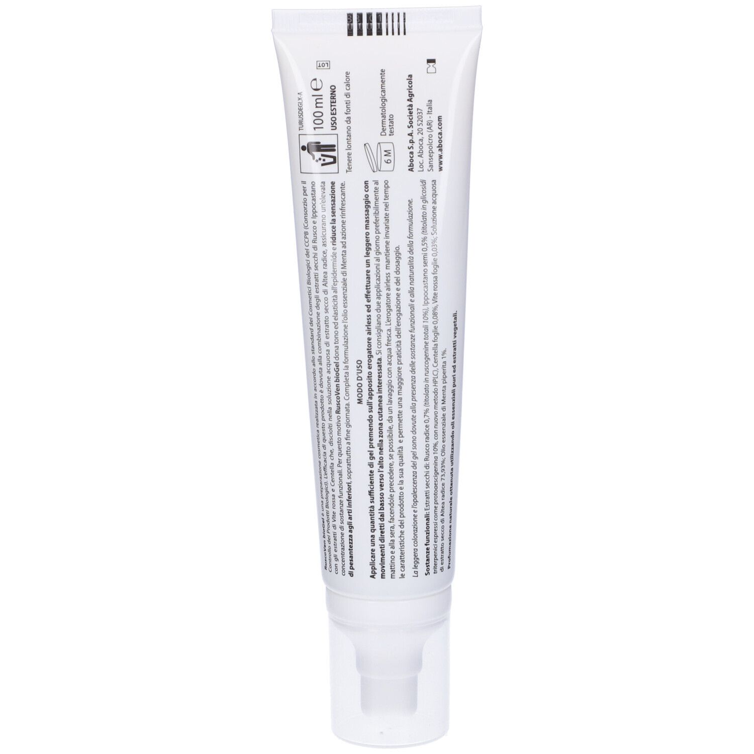 Retro del tubo bianco. Testo e simboli. Volume: 100 ml. Informazioni produttore. Codice a barre.