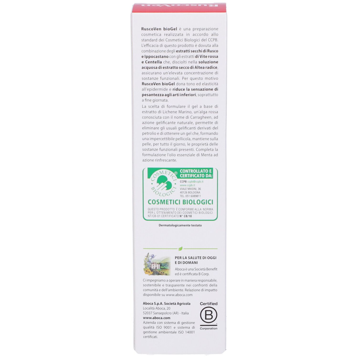 Lato della scatola bianca. Testo. Certificazioni. Logo: Cosmetici Biologici. Logo Aboca.