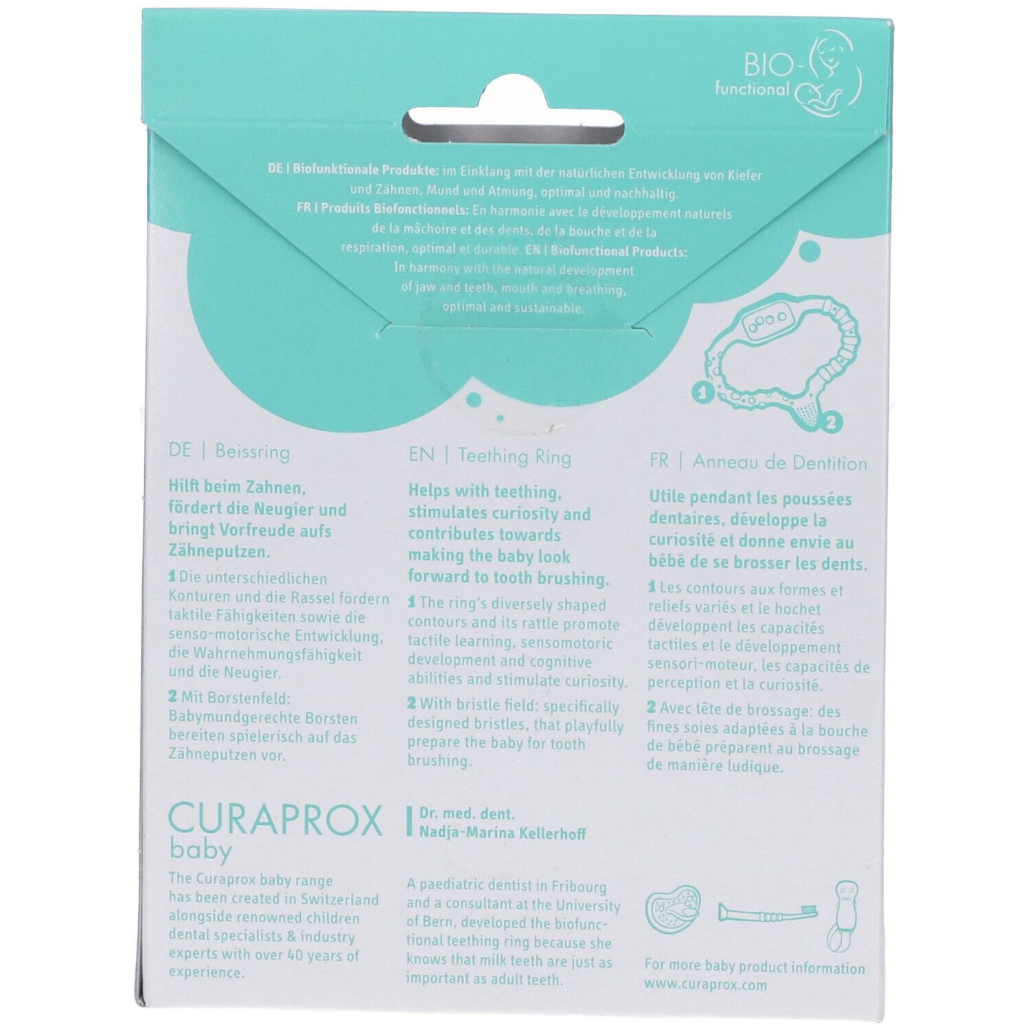Retro della confezione. Testo in tedesco, inglese e francese. Logo: Curaprox Baby, illustrazione dell'anello.