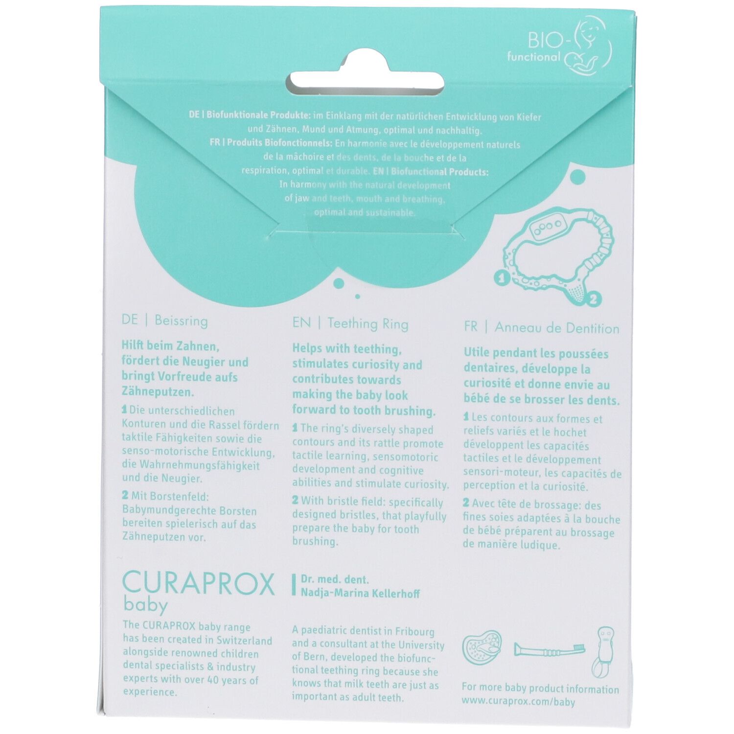 Retro della confezione con testo in tedesco, inglese, francese. Logo: CURAPROX baby. Testo: dentizione, denti, sviluppo.