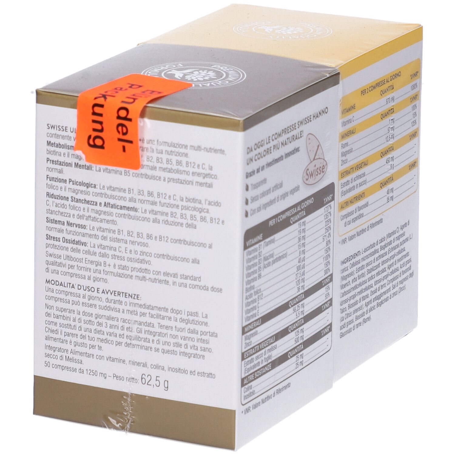 Retro della confezione Swisse Ultiboost. Testo e informazioni sul contenuto. Adesivo arancione con "Mandel-packung".