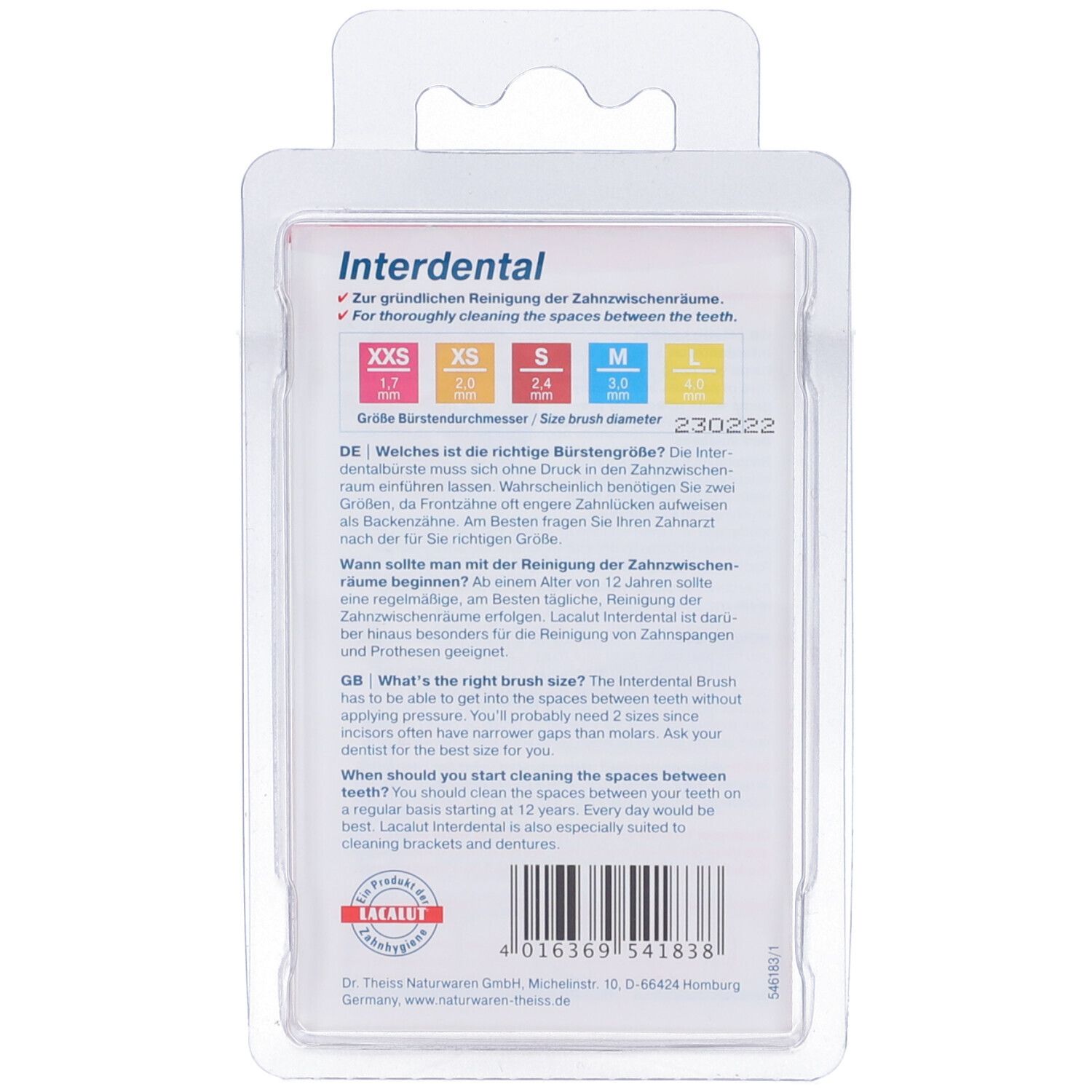 Retro confezione LACALUT Interdental. Testo in tedesco e inglese. Tabella taglie. Codice a barre e logo.