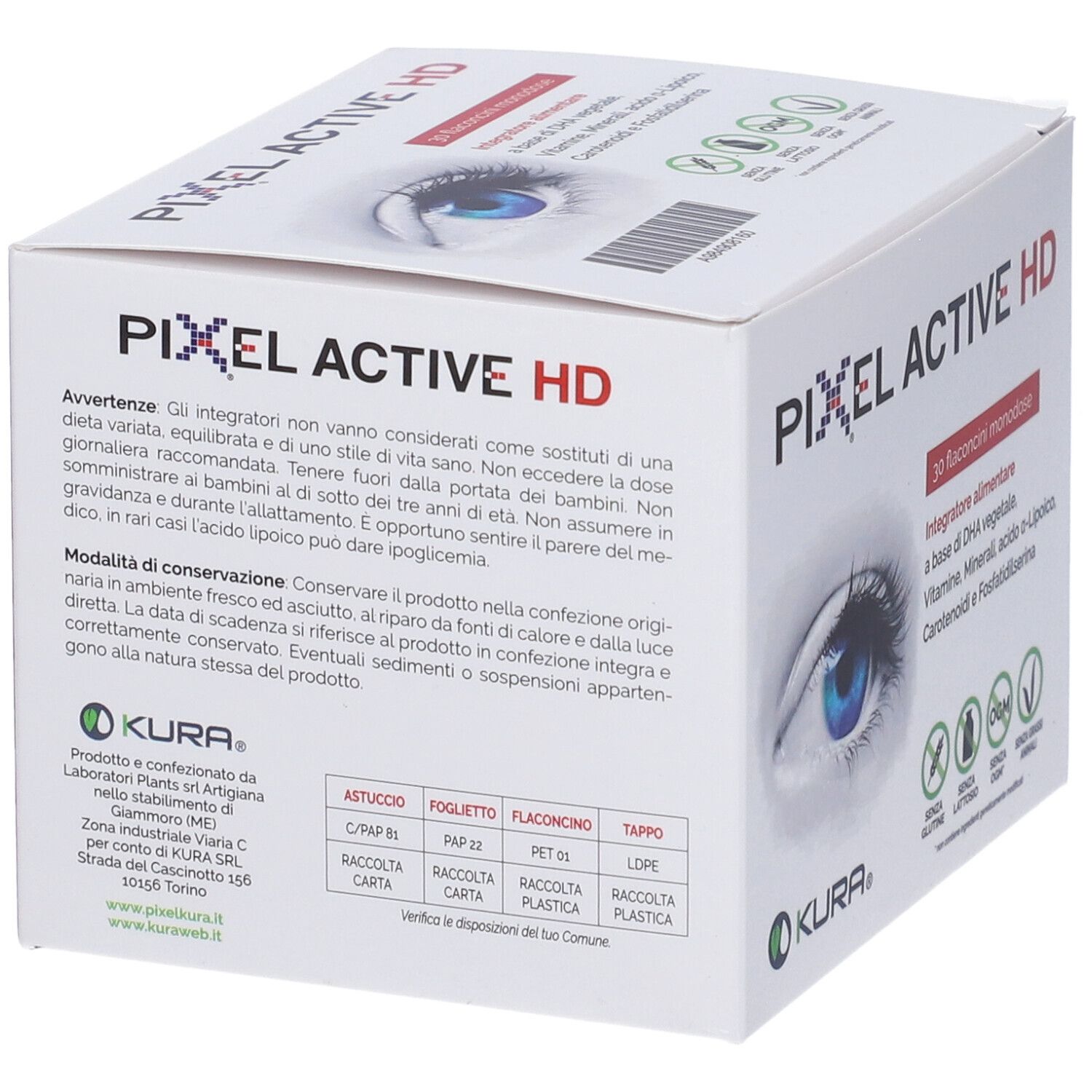 Retro confezione Pixel Active HD. Testo: avvertenze, ingredienti, logo KURA, informazioni riciclo.