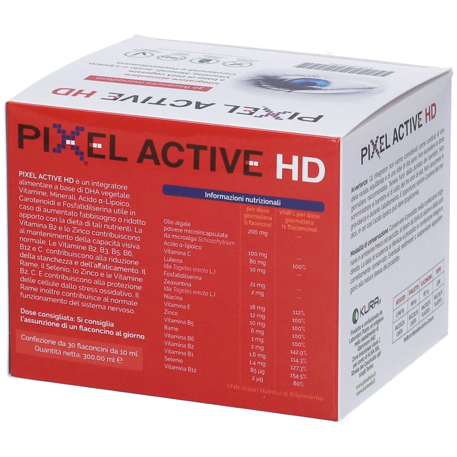Retro rosso confezione Pixel Active HD. Contiene informazioni nutrizionali. Testo: ingredienti, dosaggio.