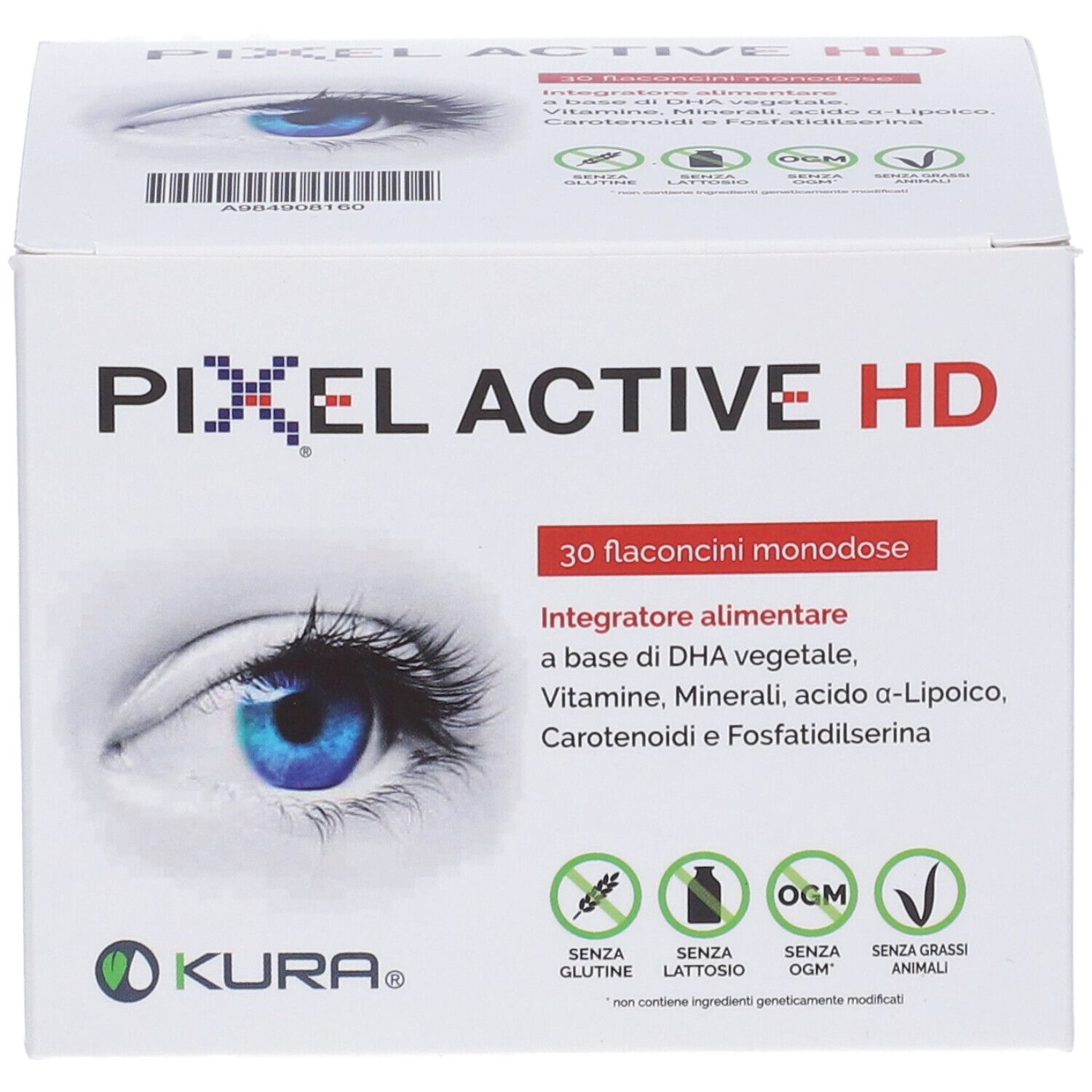 Confezione Pixel Active HD. Contiene 30 flaconcini monodose. Immagine occhio. Ingredienti, logo KURA e certificazioni.