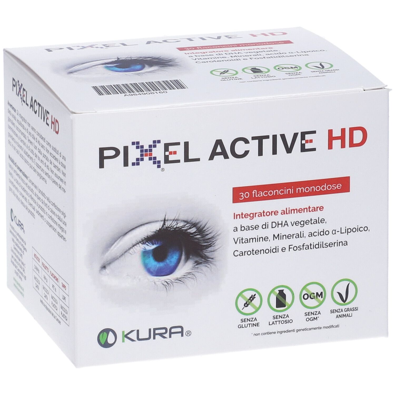 Confezione Pixel Active HD. Contiene 30 flaconcini monodose. Immagine occhio. Ingredienti, logo KURA e certificazioni.