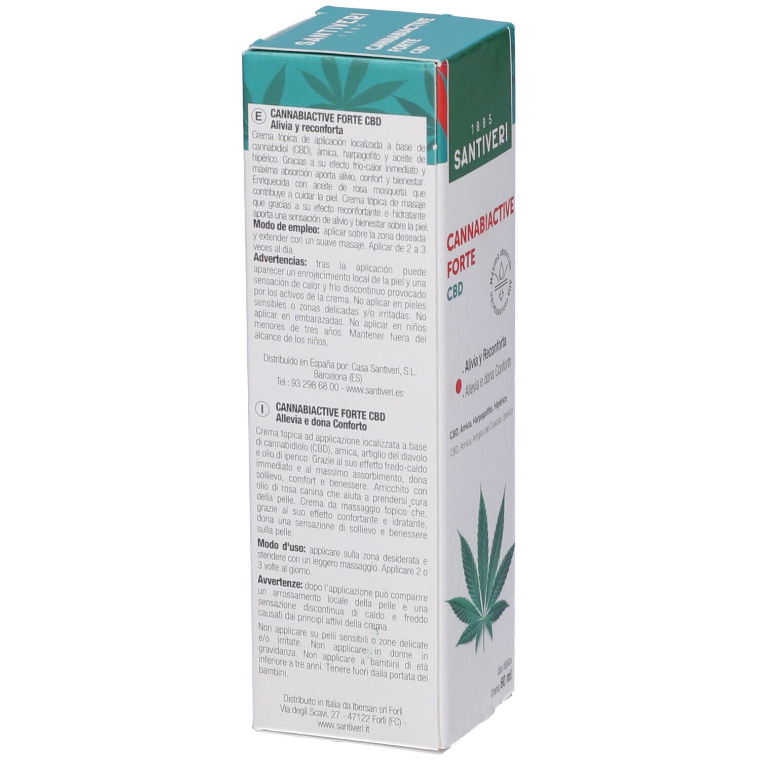 Scatola con informazioni sul prodotto. Scritta: Cannabiactive Forte CBD. Marchio Santiveri. Contiene un'illustrazione di una foglia di cannabis.