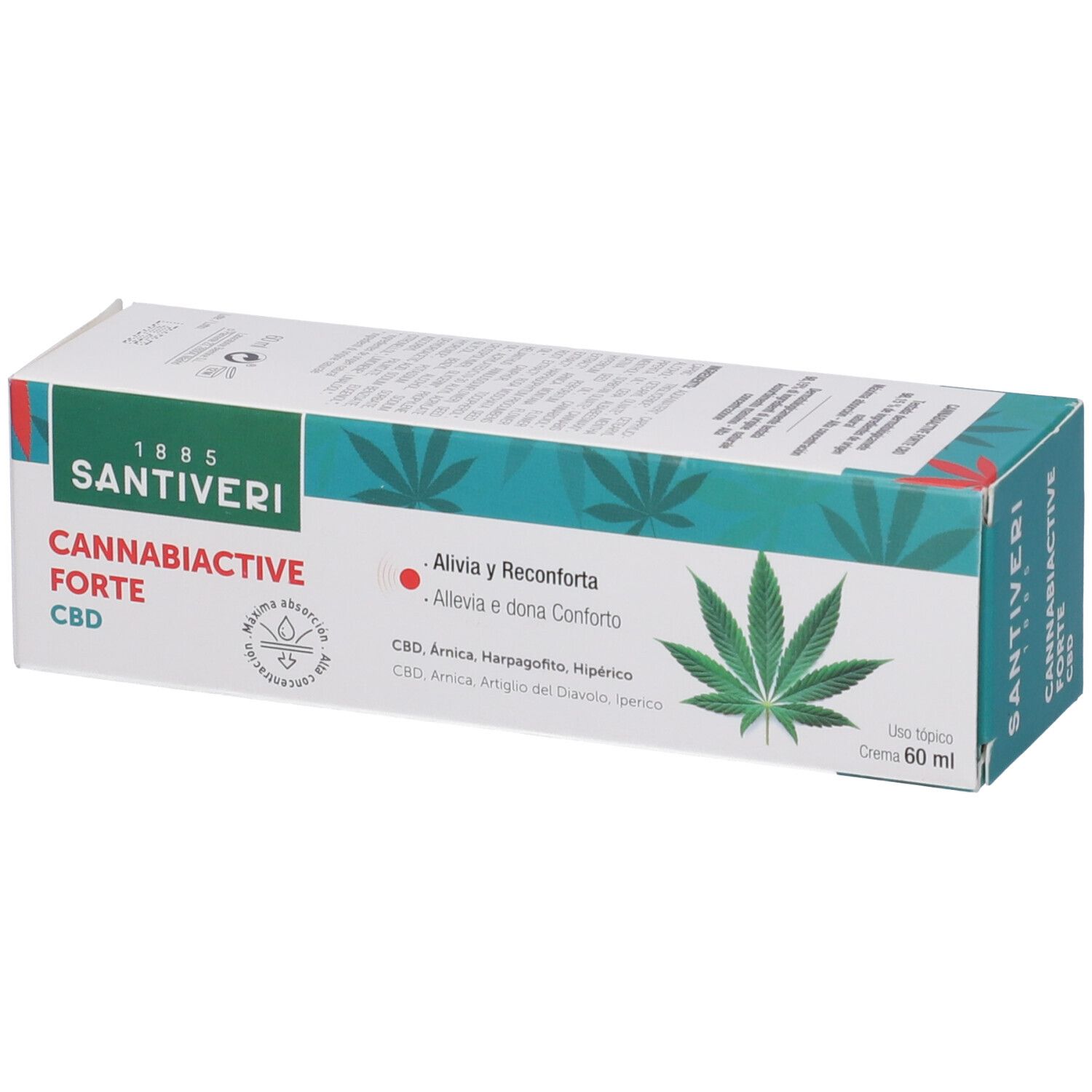 Confezione del prodotto allungata. Scritta: Cannabiactive Forte CBD. Marchio Santiveri. Contiene un'illustrazione di una foglia di cannabis.