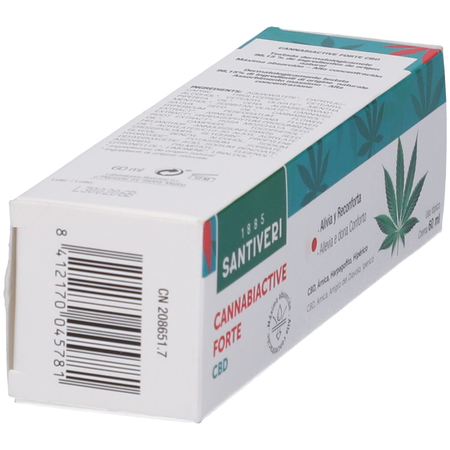 Confezione del prodotto con codice a barre e informazioni. Scritta: Cannabiactive Forte CBD. Marchio Santiveri.
